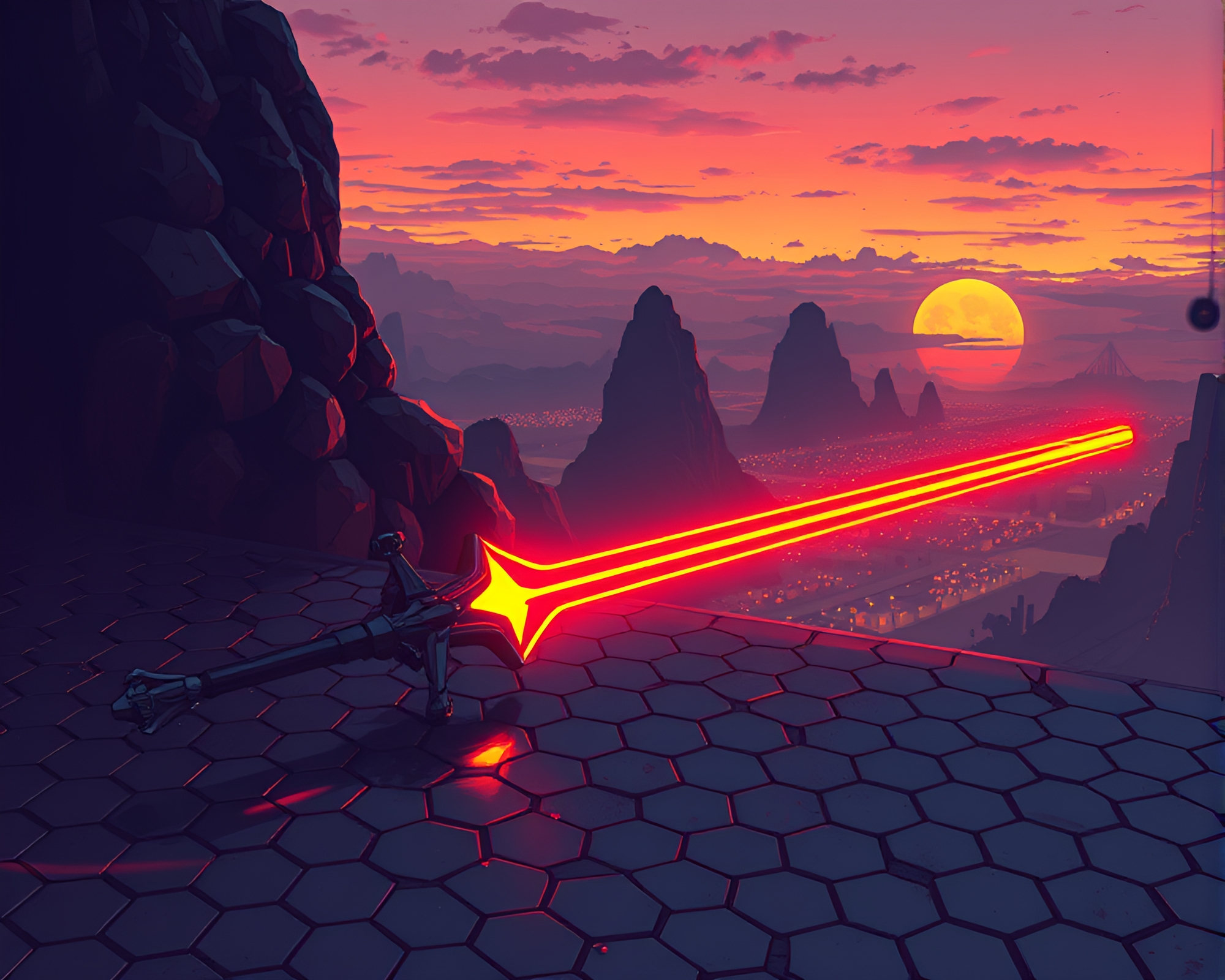Cyberpunk Sunset with Hexagonal Laser Sword Composition – free AI stock image