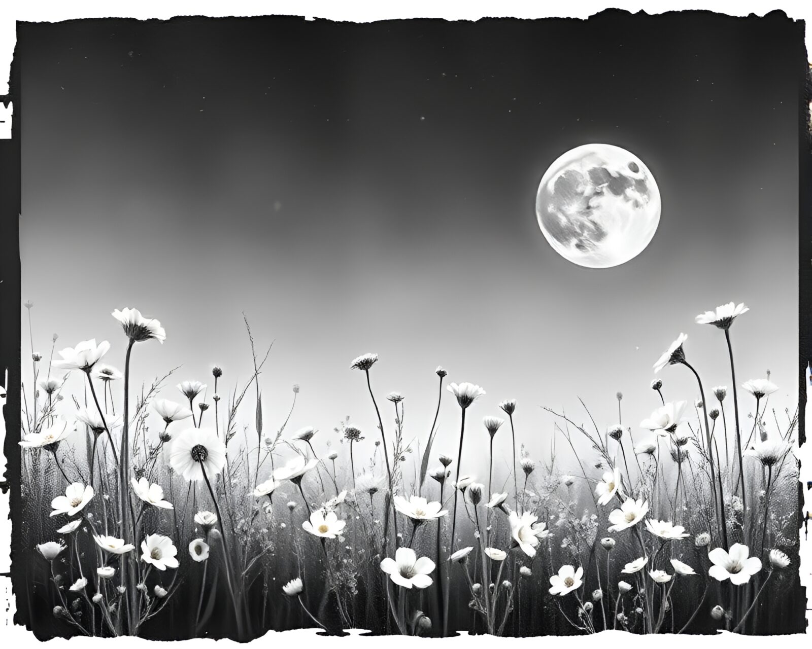 Black and white lunar flower field with filmstrip border