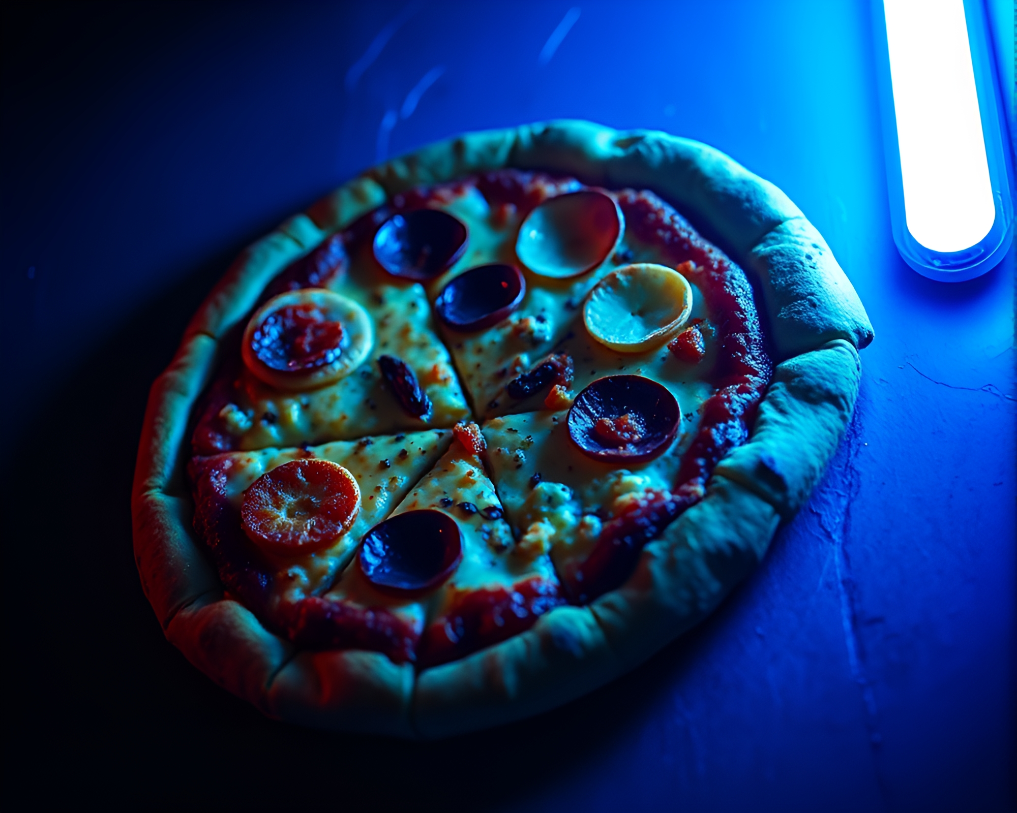 Neon-lit off-center pizza slice composition – free AI stock image