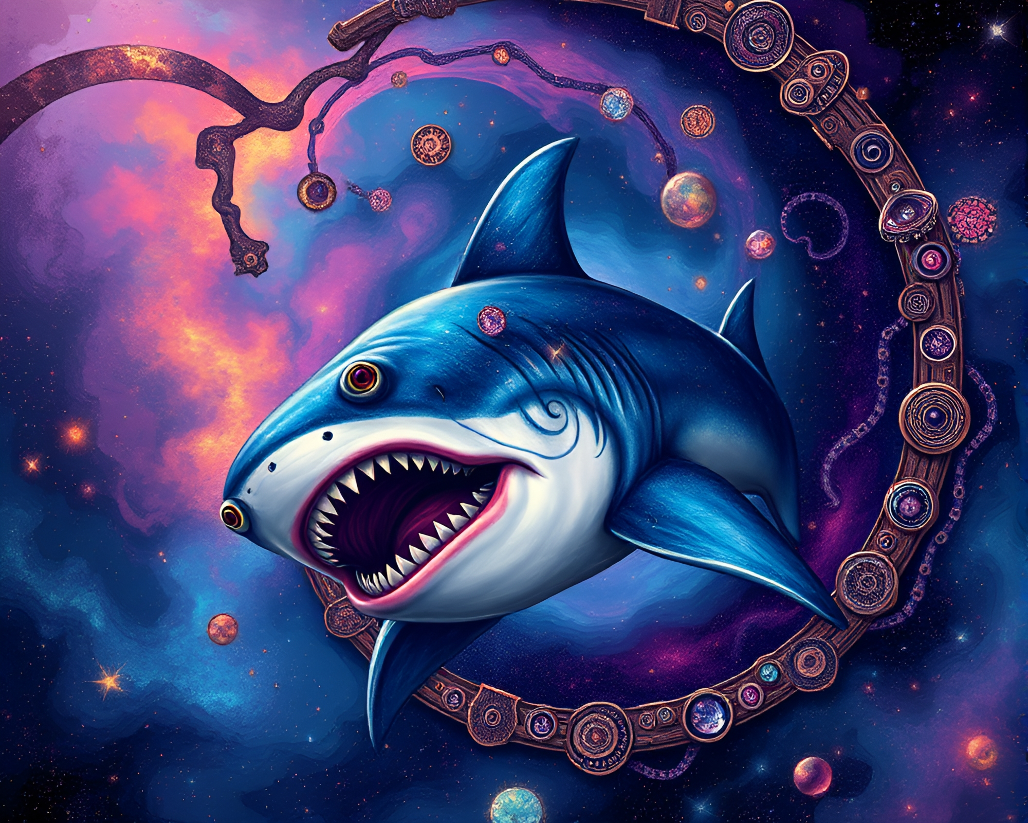 Fibonacci Spiral Shark in Galaxy Steampunk Universe – free AI stock image
