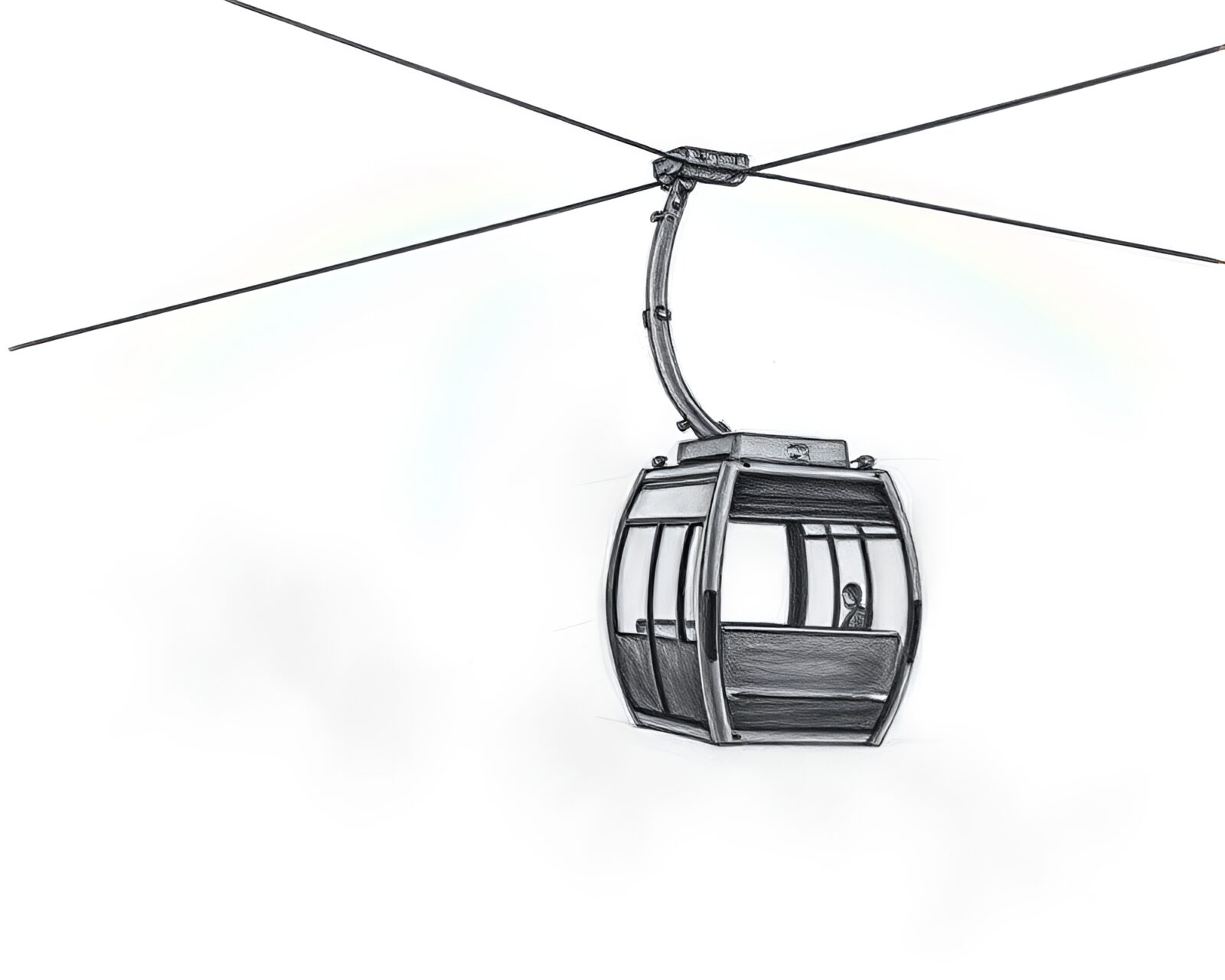 Pencil sketch showing rainbow refraction on gondola lift in misty weather
