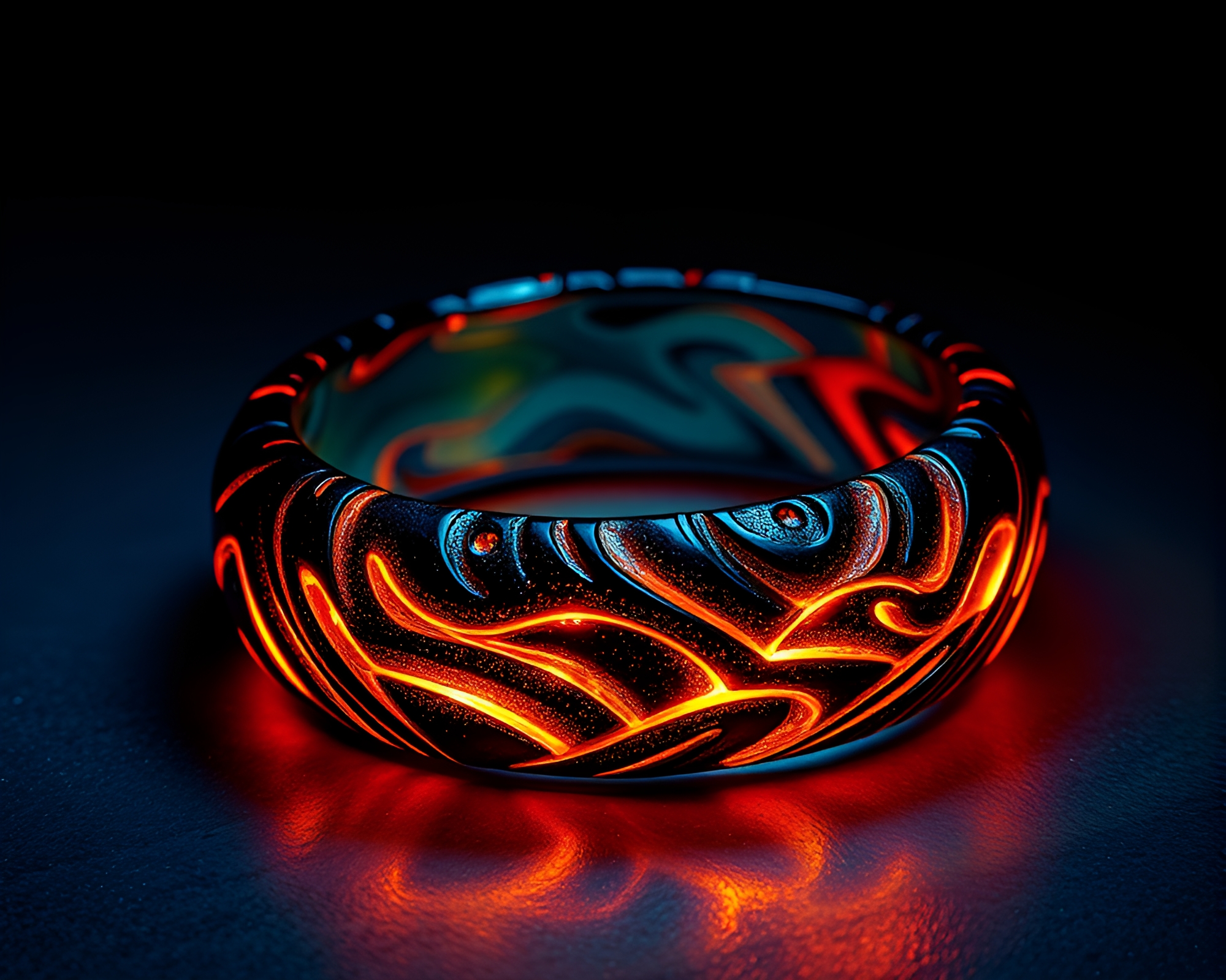 Vibrant Neon Bracelet Glowing Amongst Fiery Impasto Ridges – free AI stock image