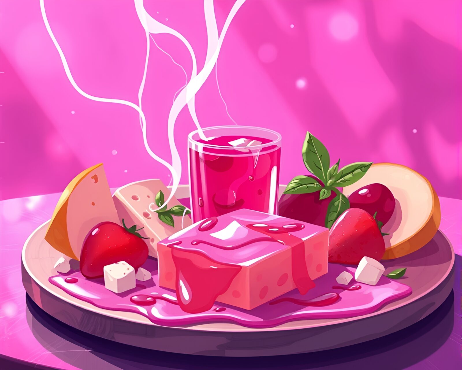 Fantastical illustration of a cheese platter glowing with magenta light leaks