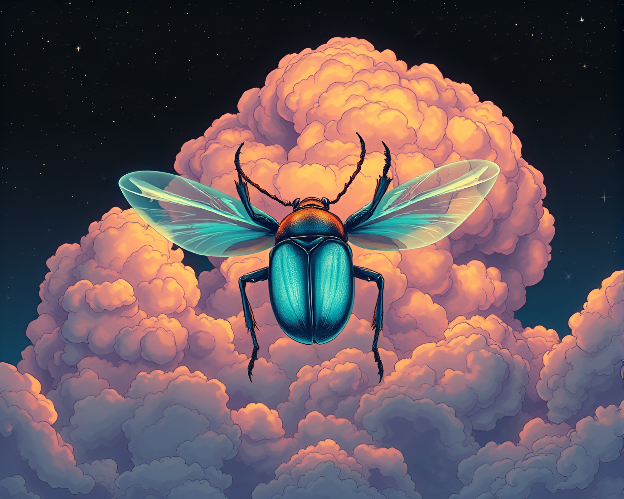 Glowing Beetle Amidst Manga-Style Cloud Formations – free AI stock image