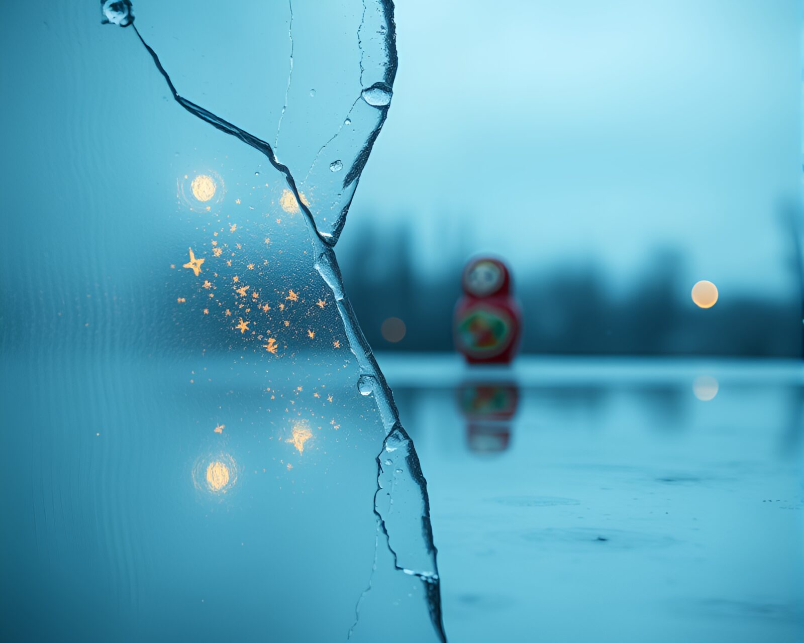 Matryoshka doll reflecting on cracked ice with opera-house lighting