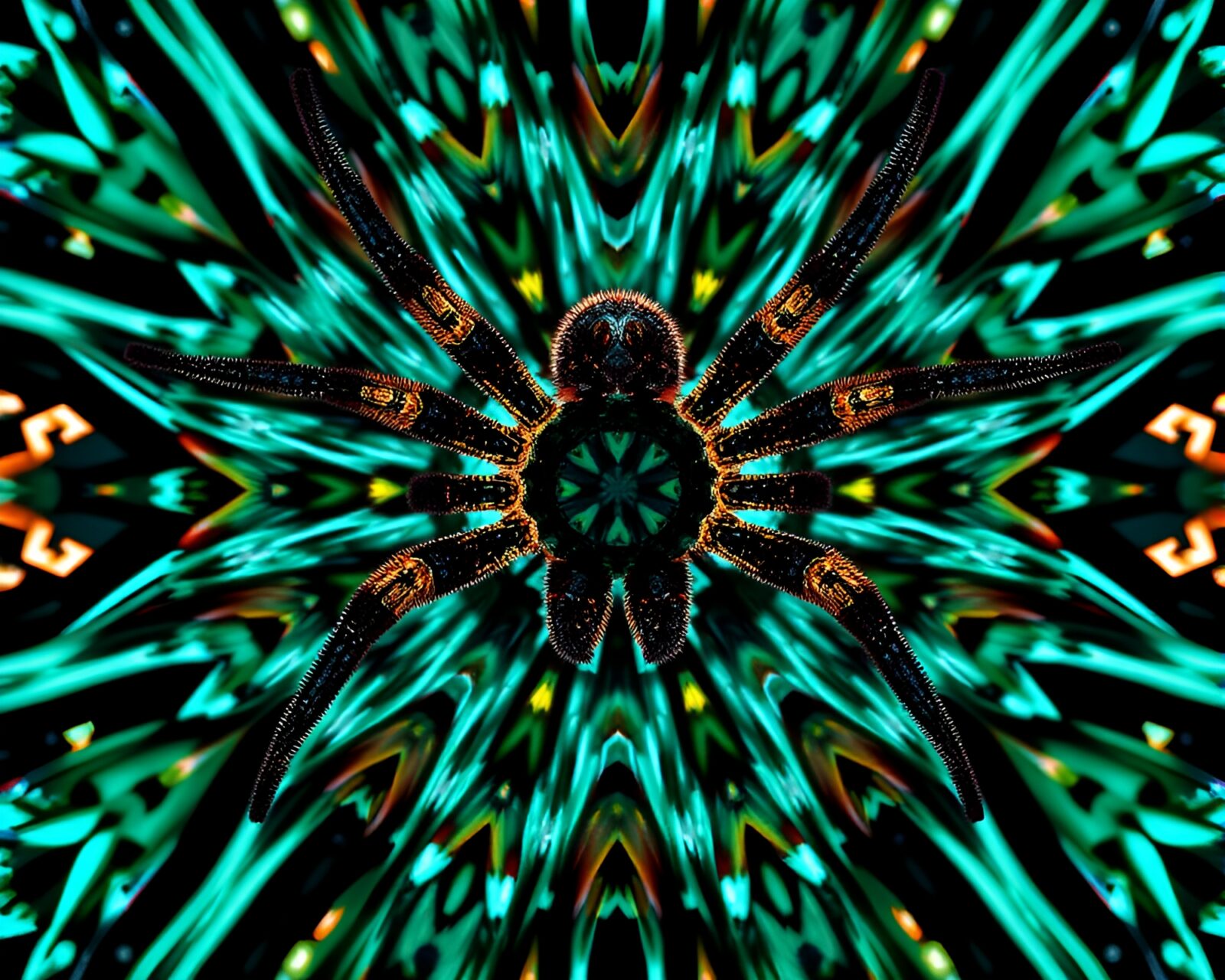 Colorful abstract pixel art of mechanical spider in kaleidoscope view