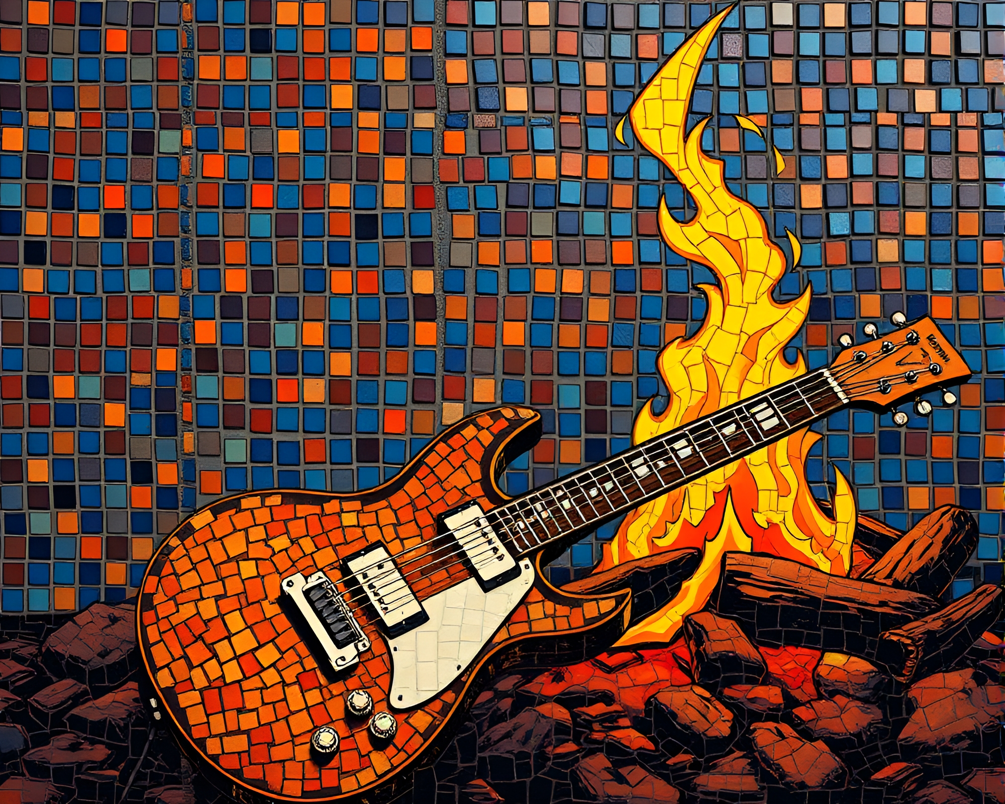 Guitarist by Bonfire in Comic Book Mosaic Tiles – free AI stock image