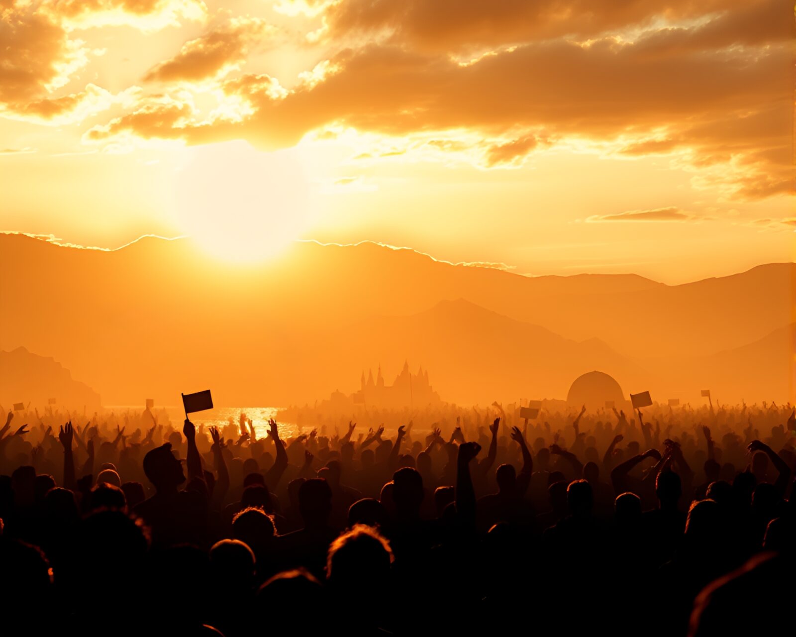 A material design rendering of a crowd silhouette under a warm afternoon glow with multiple hydra creatures lurking
