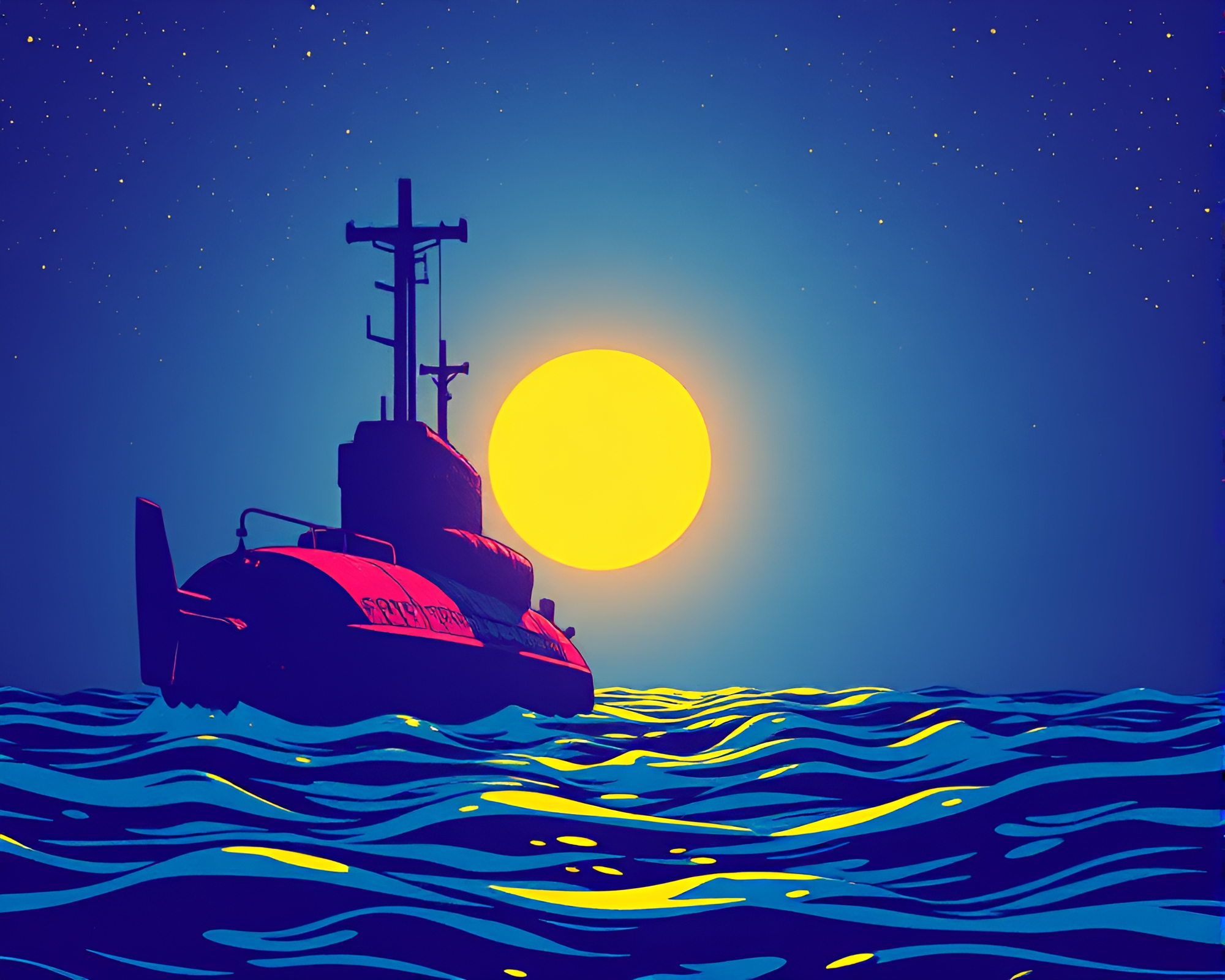 Retrowave Submarine Linocut Textures in Midday Bright Light – free AI stock image