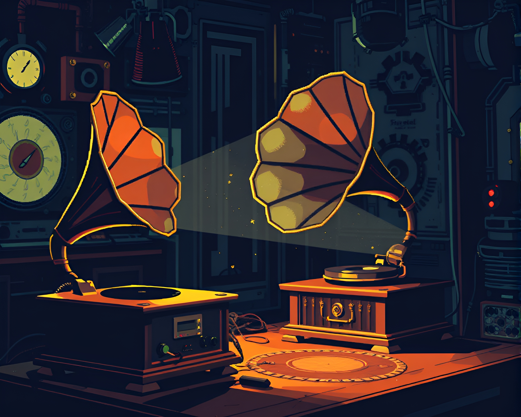 Steampunk Gramophone in Pixelated Spotlight – free AI stock image