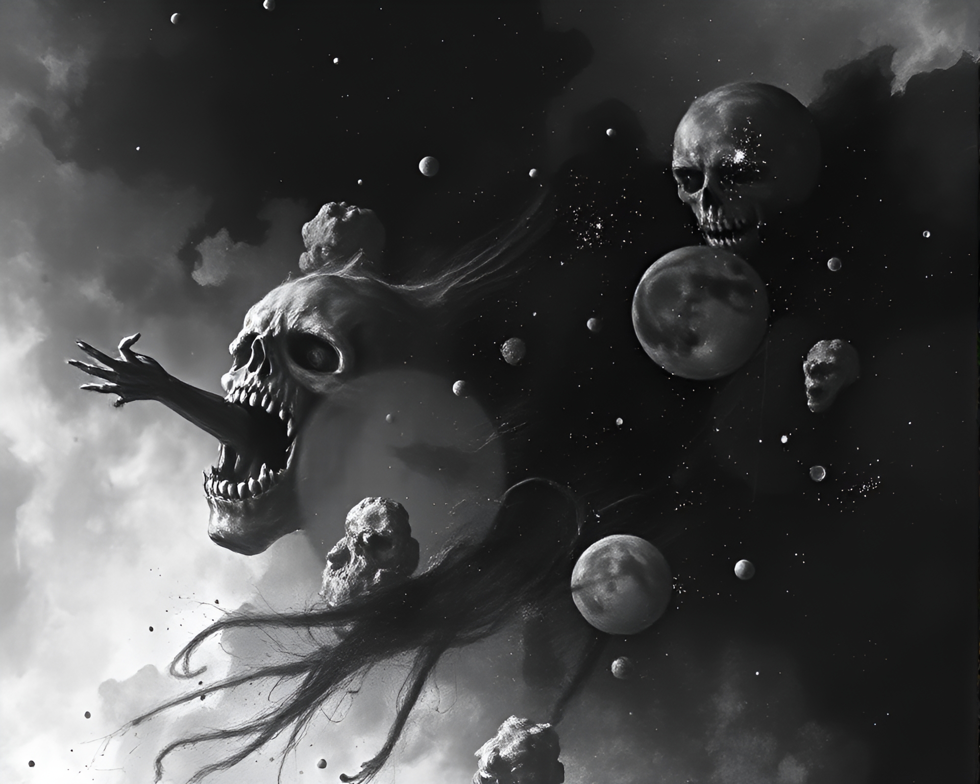 Eldritch Tree in Cosmic Decay: Woodcut Horror Scene – free AI stock image