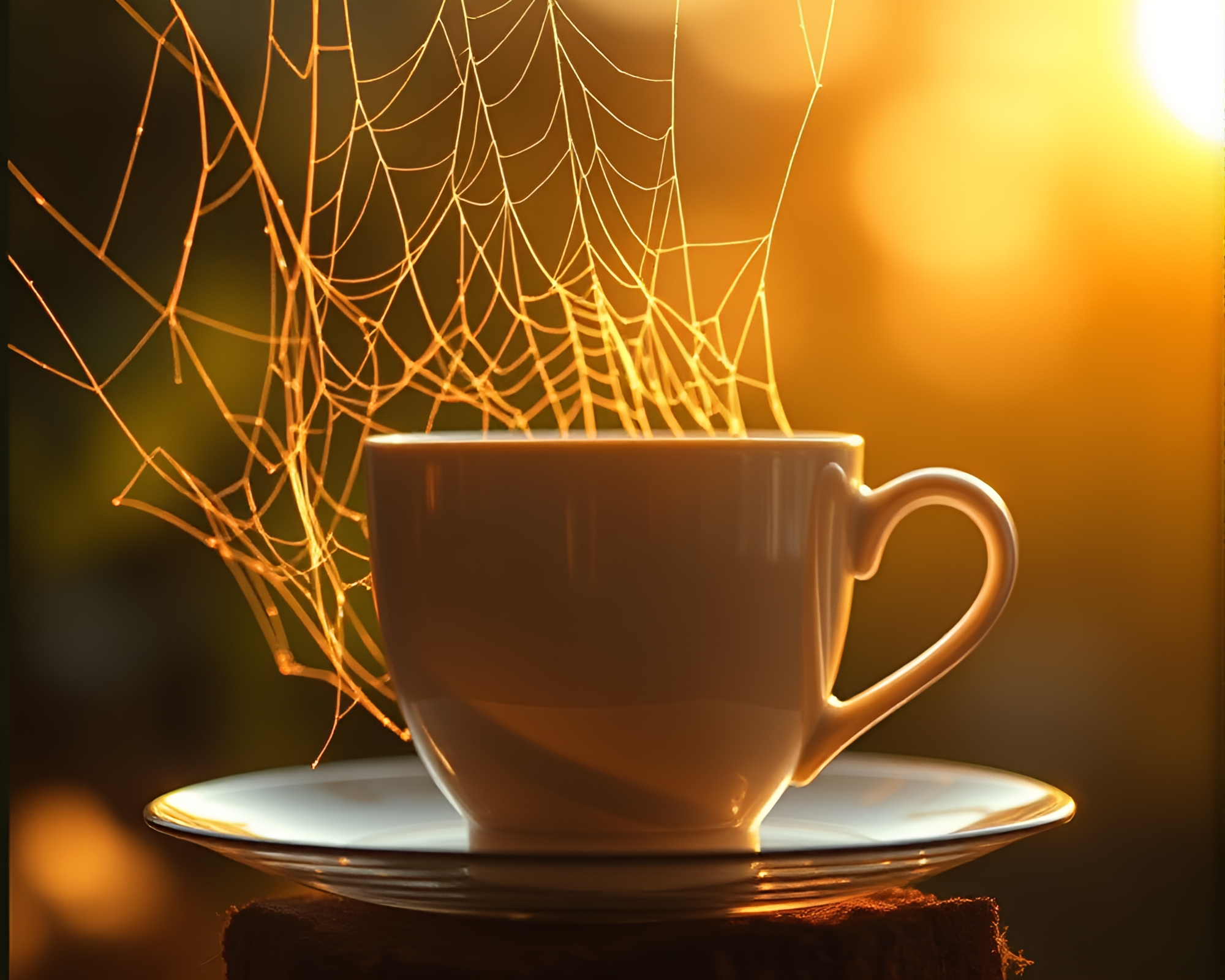 Cobweb Coffee Cup in Warm Spotlight – free AI stock image