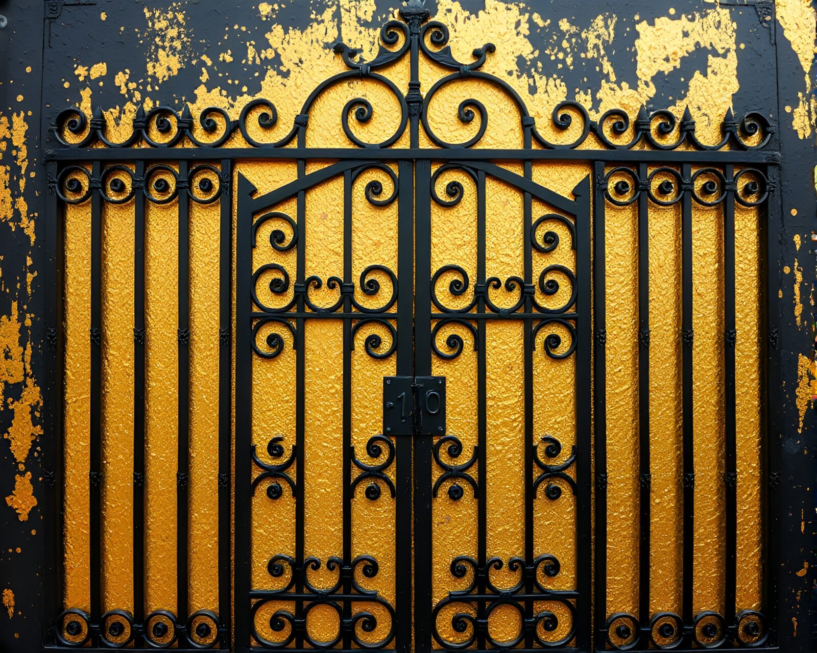Majestic gate adorned with intricate gold foil details and oil-rich textures