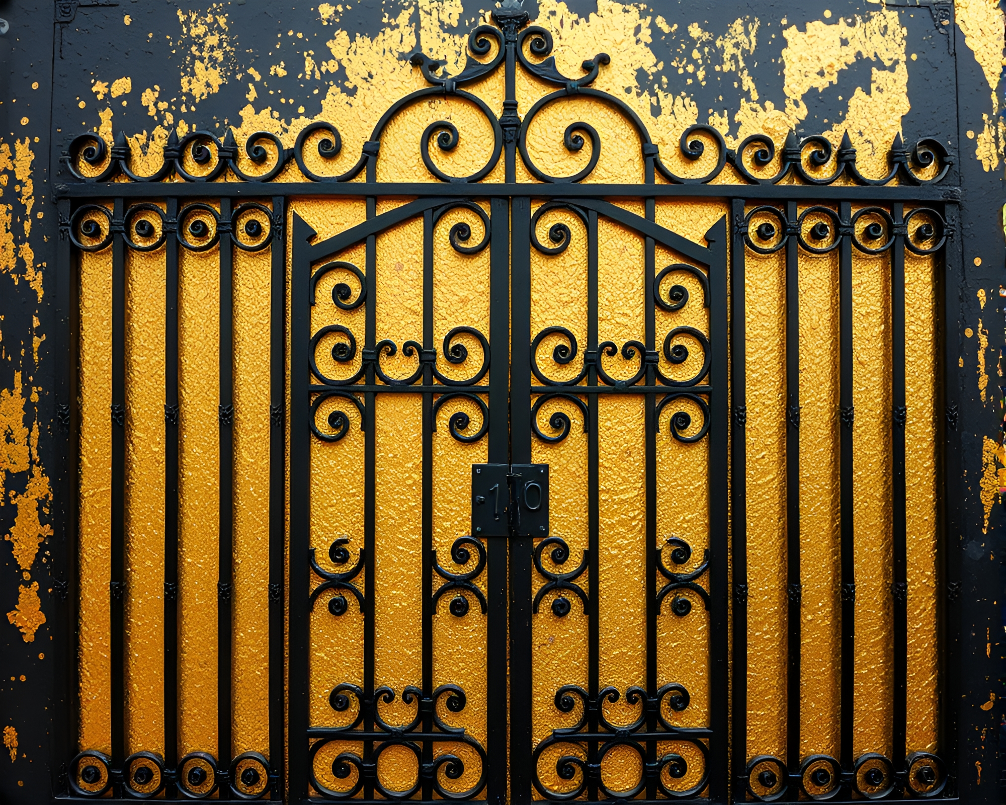 Elegant Wrought Iron Gate with Golden Stenciled Accents – free AI stock image