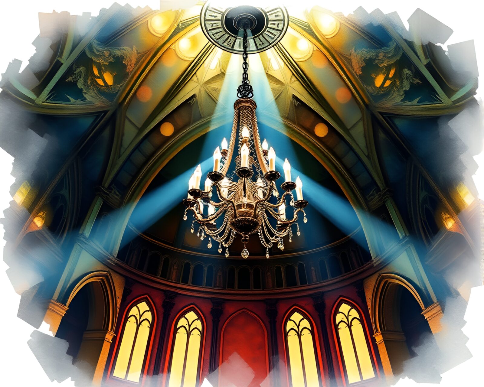 Gothic chandelier in spotlight with distorted fisheye effect