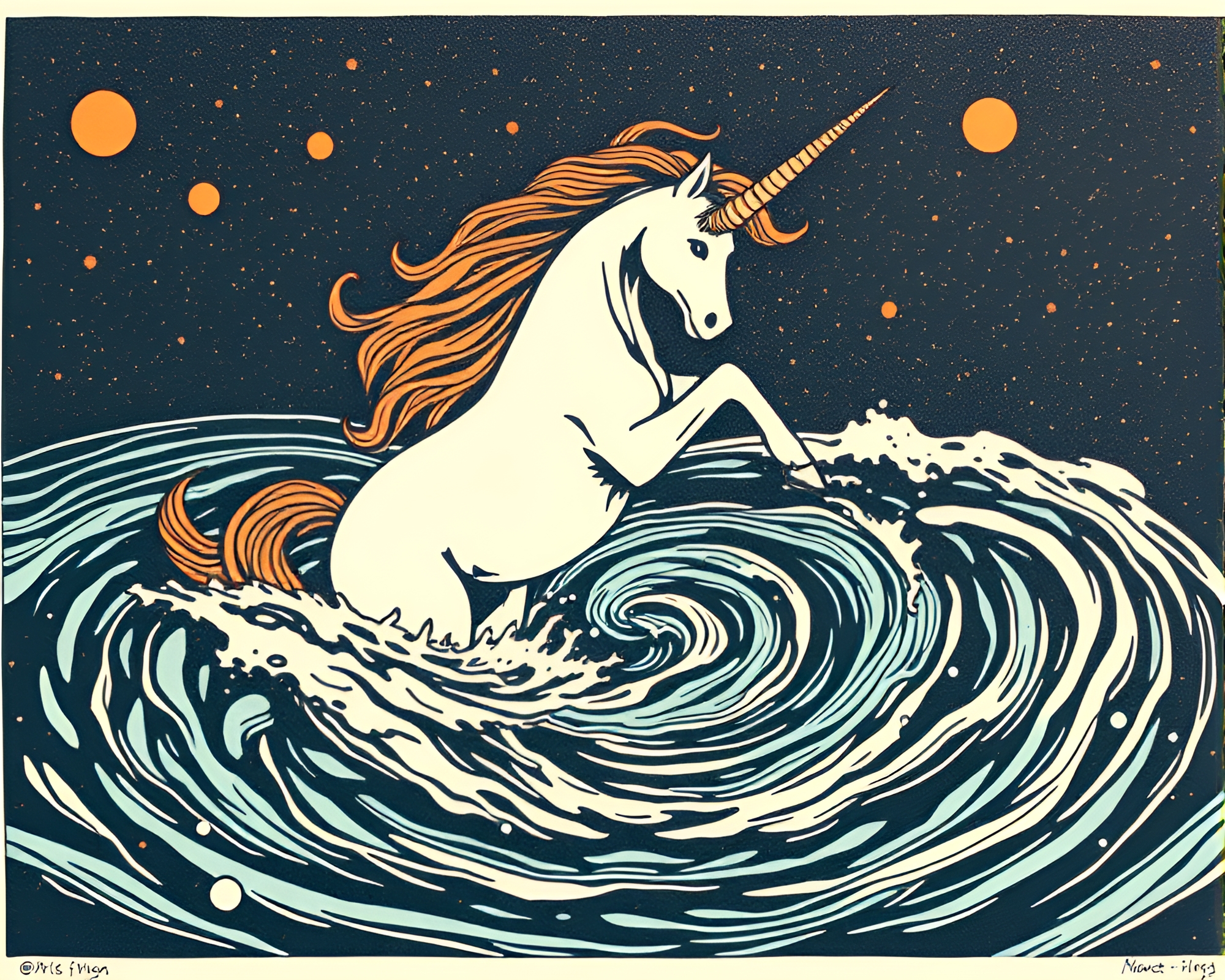 Unicorn in Copper-Toned Water Whirlpool Linocut Print – free AI stock image