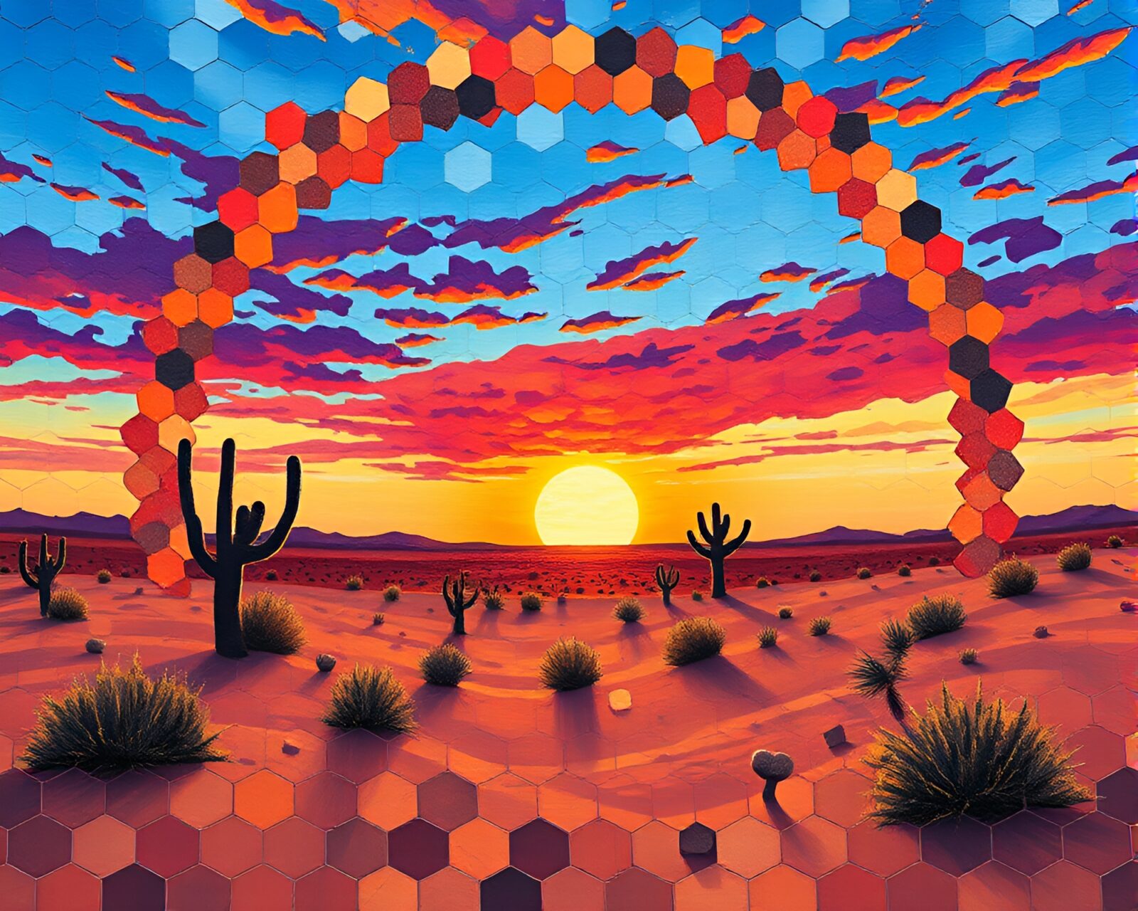 Vibrant action painting of hexagonal magic circle in desert