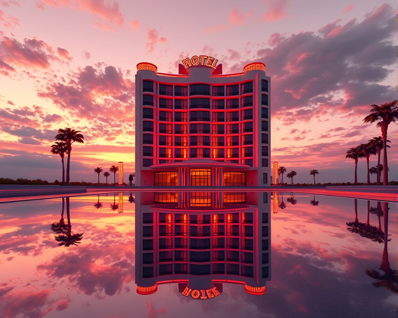 Low-poly 3D render of orange sunset reflecting on hotel
