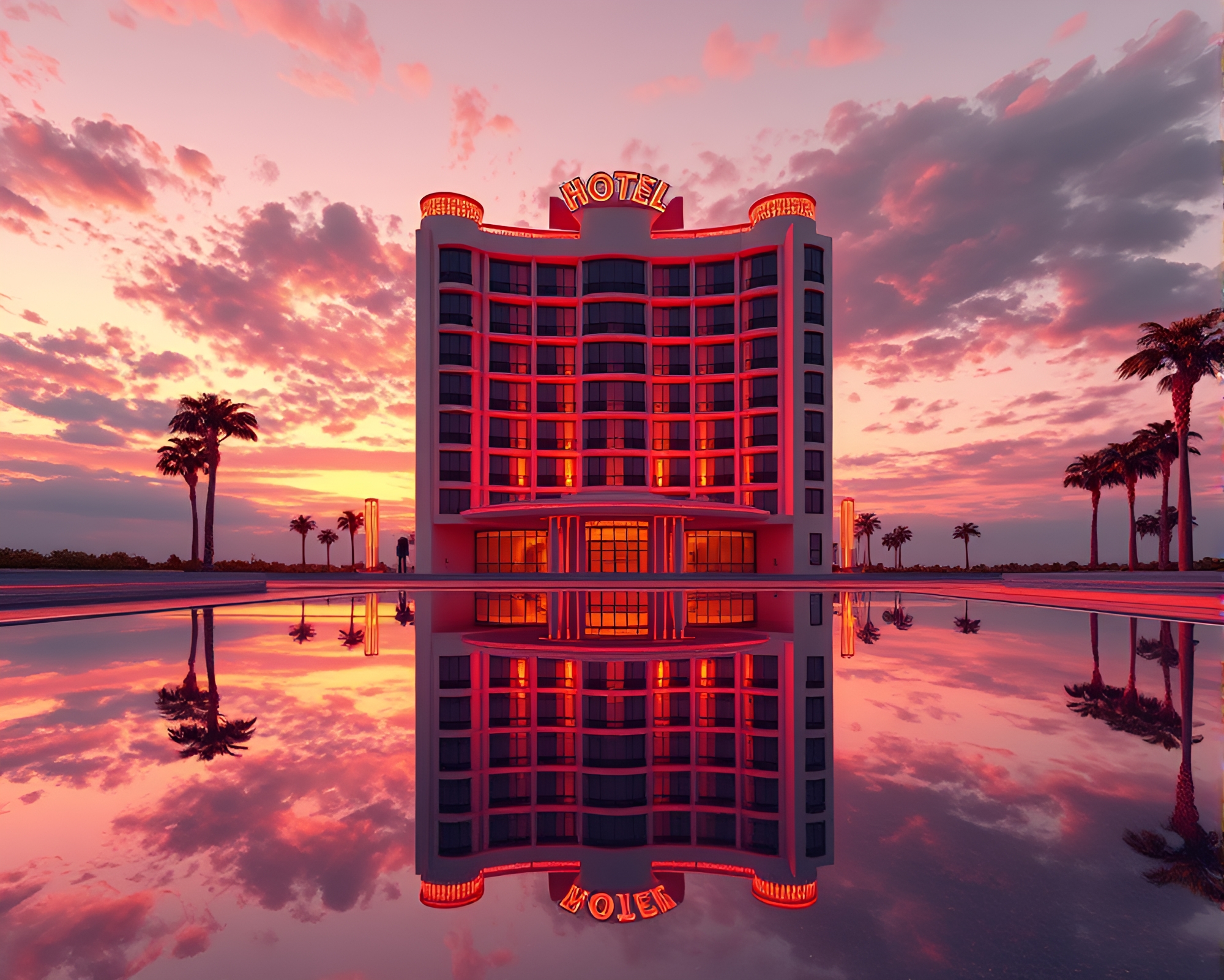 Art Deco Hotel Sunset Reflections – free AI stock image