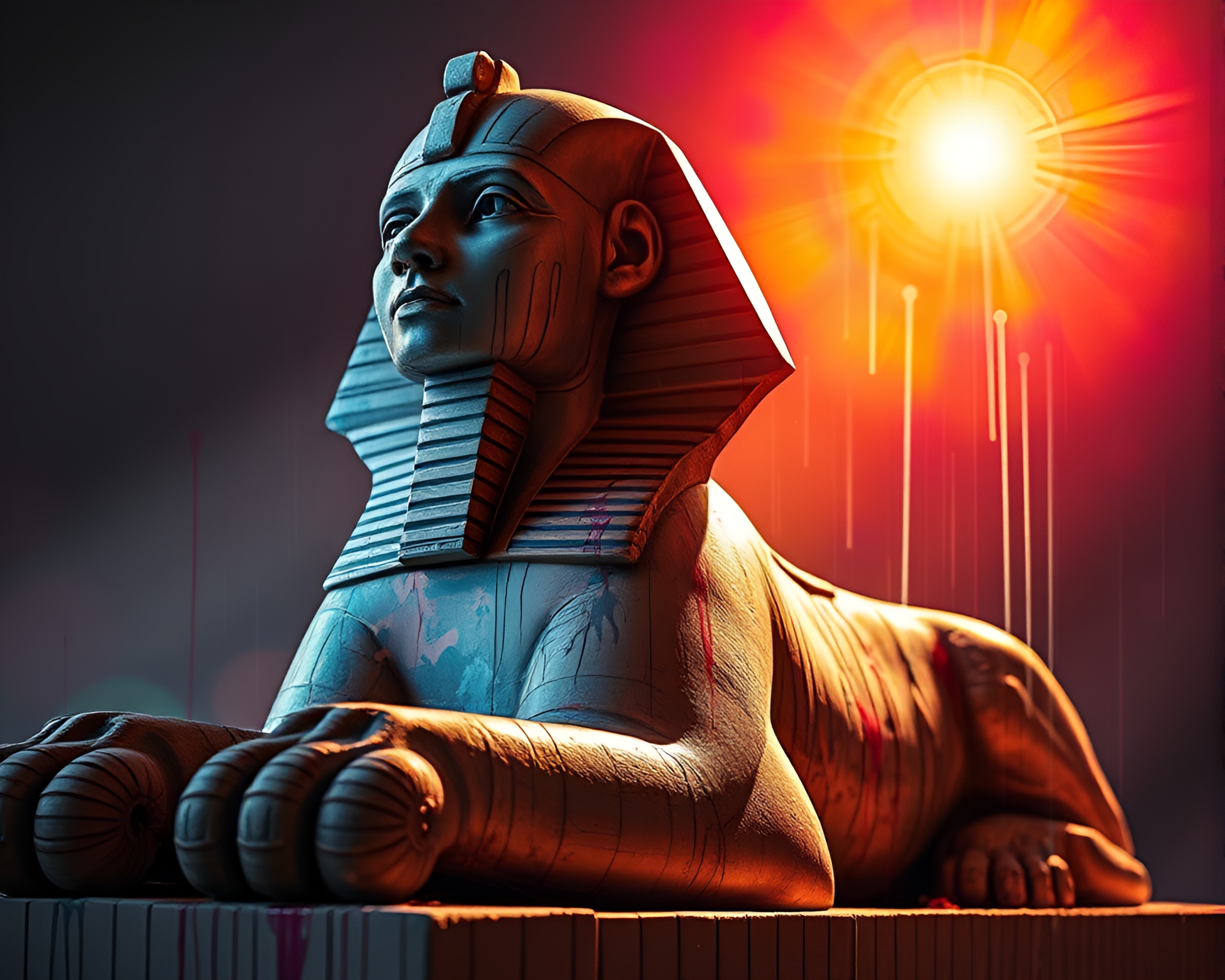 Sphinx Statue with Enigmatic Spray Paint Drips – free AI stock image