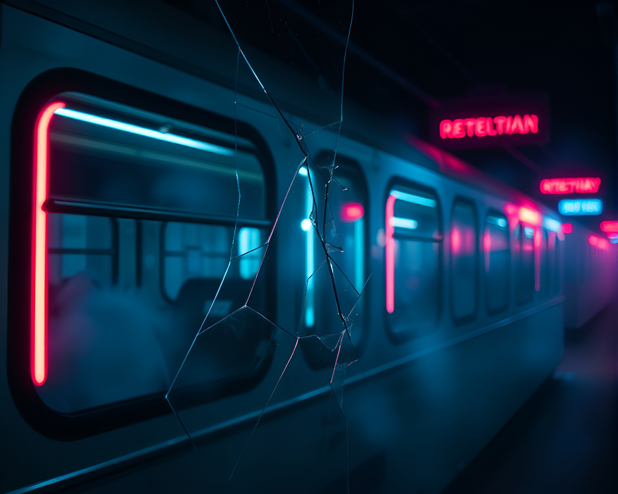 Neon Train Station Reflection Broken Glass Mood – free AI stock image