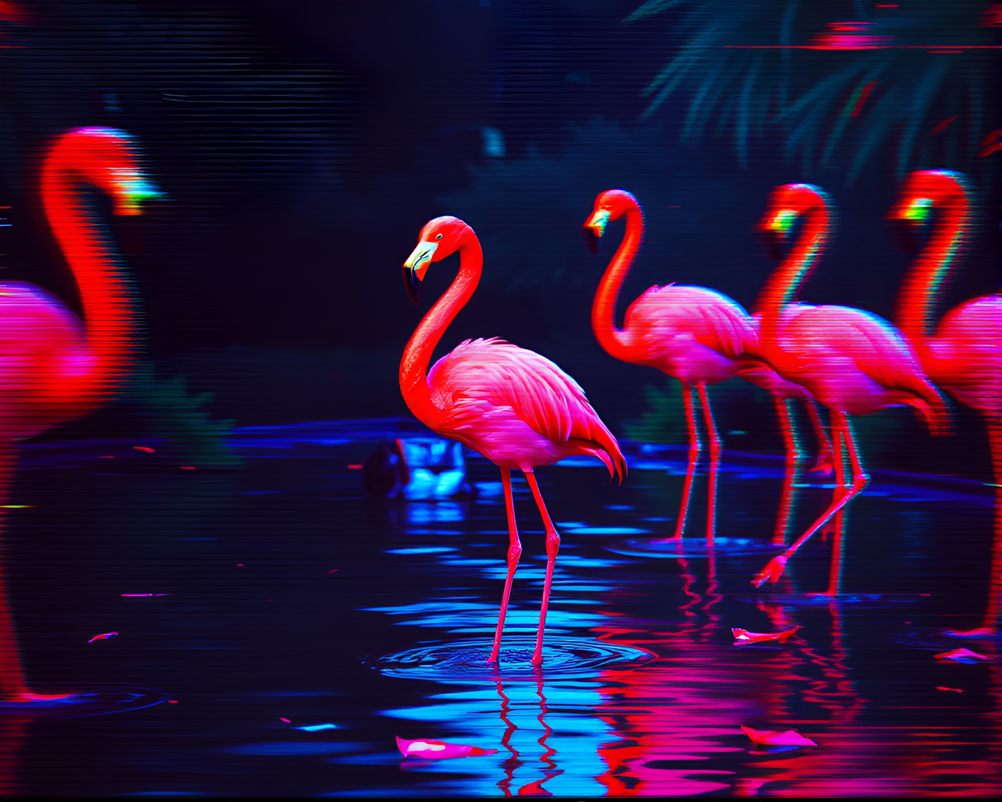 Flamingo Glitch Study with VHS Distortion – free AI stock image