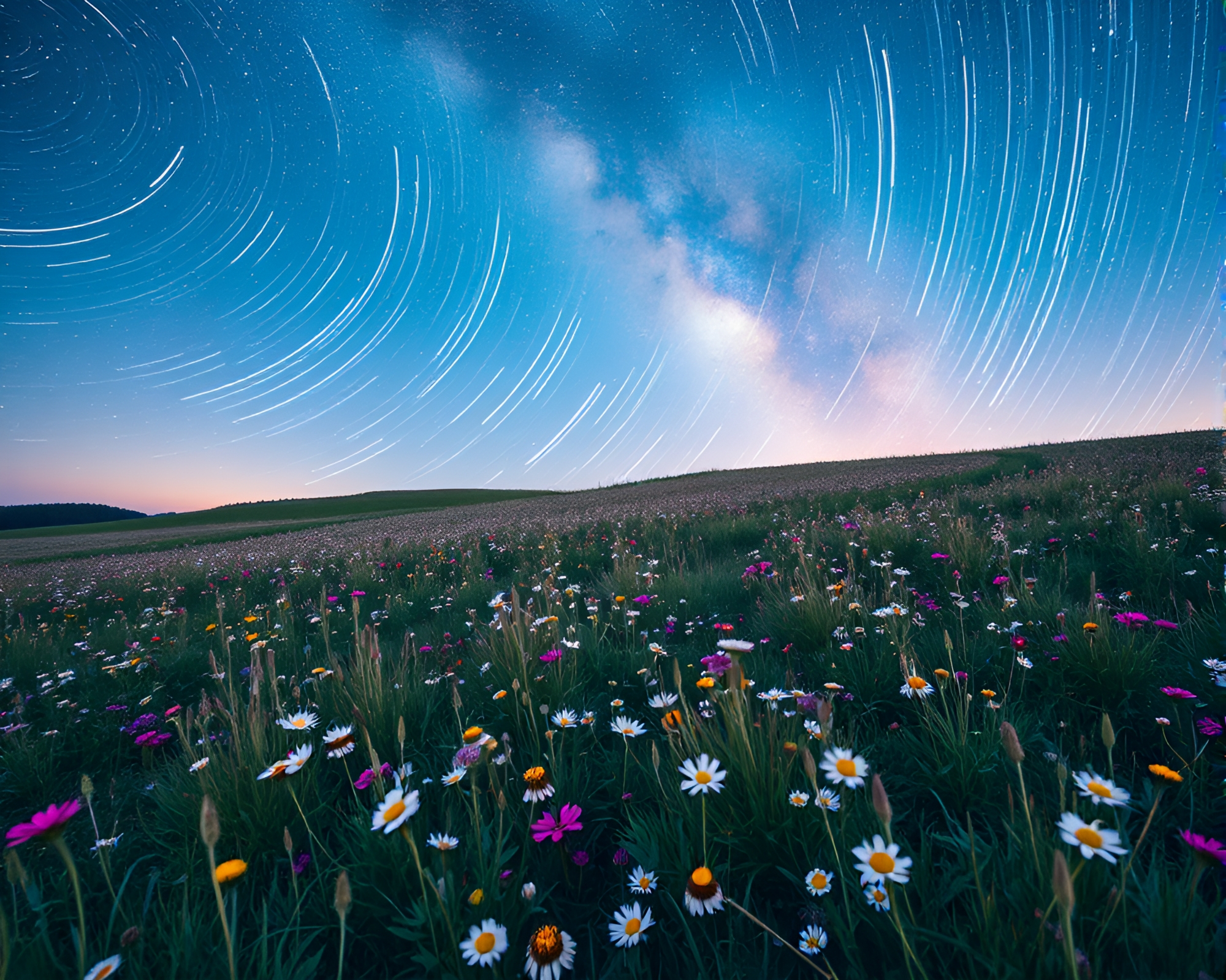 Grunge Style Star Trails Over Flowering Arctic Meadow – free AI stock image