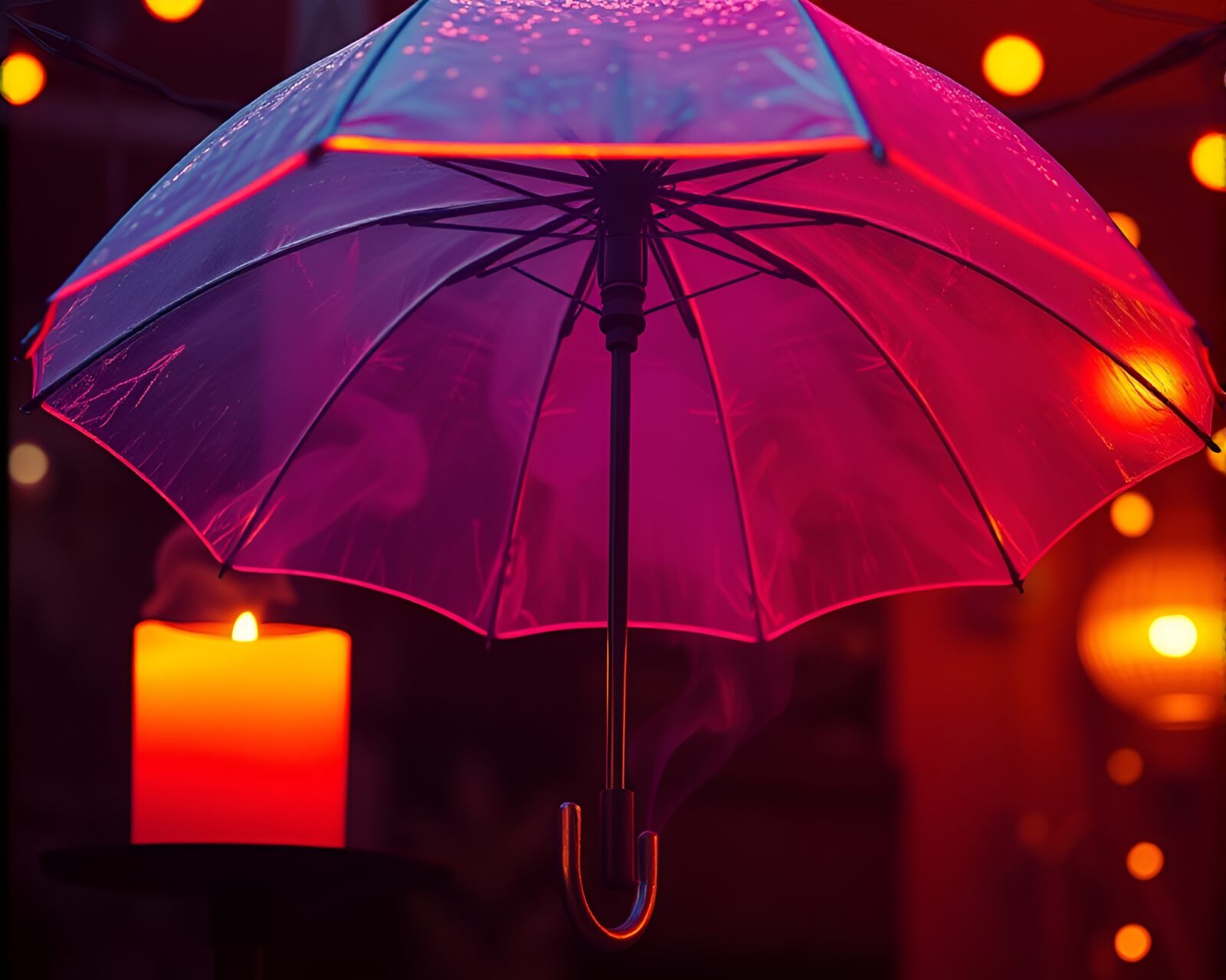 Vibrant neon umbrella surrounded by swirling halftone smoke
