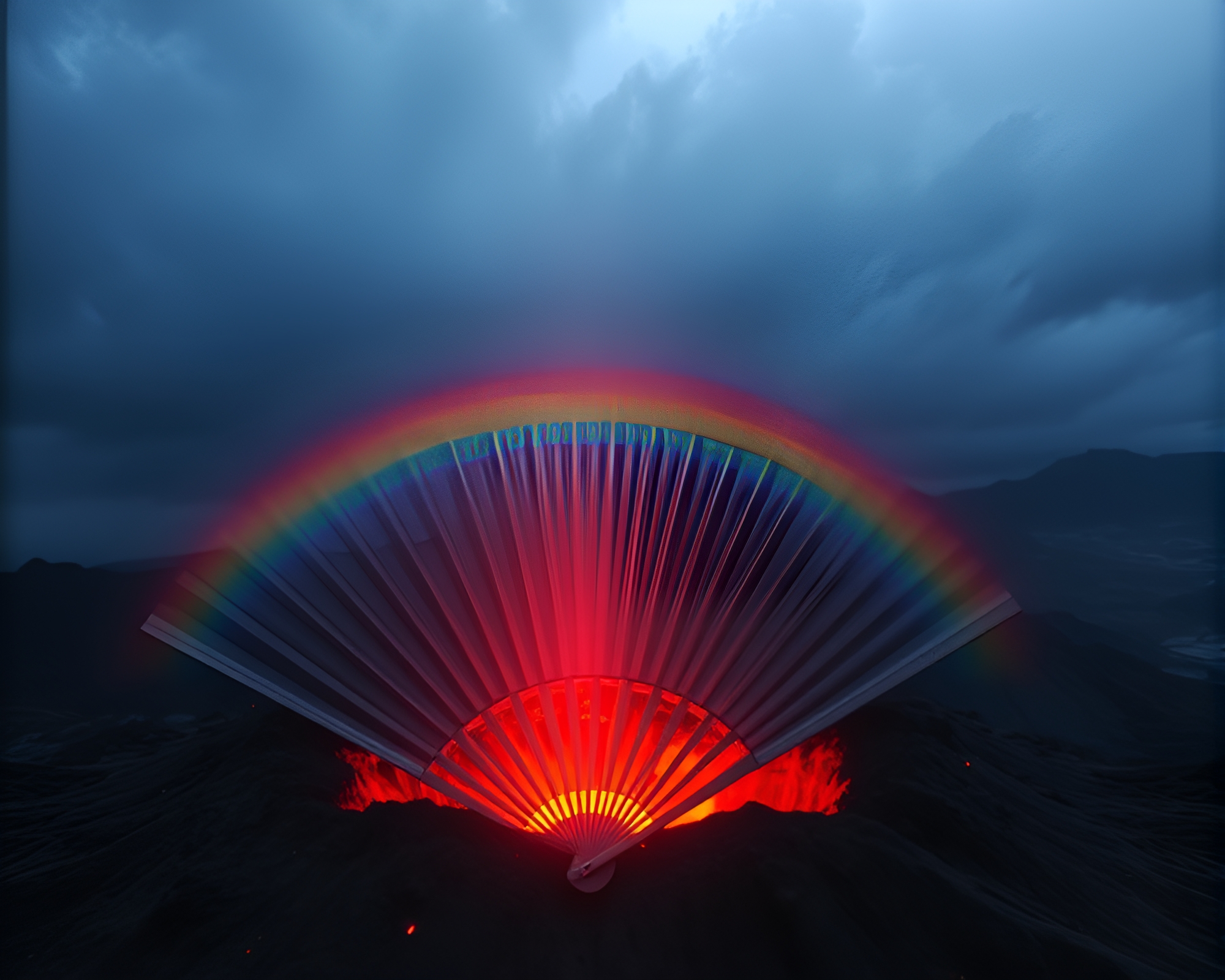 Hand-painted fan shines rainbow-reflecting volcano glow – free AI stock image