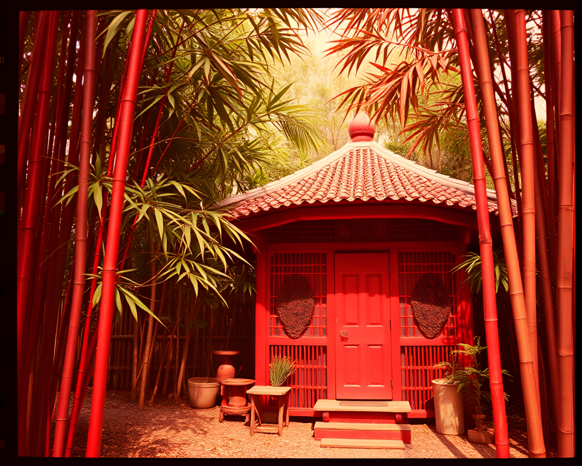 Serene Bamboo Hut with Film Sprocket Holes – free AI stock image