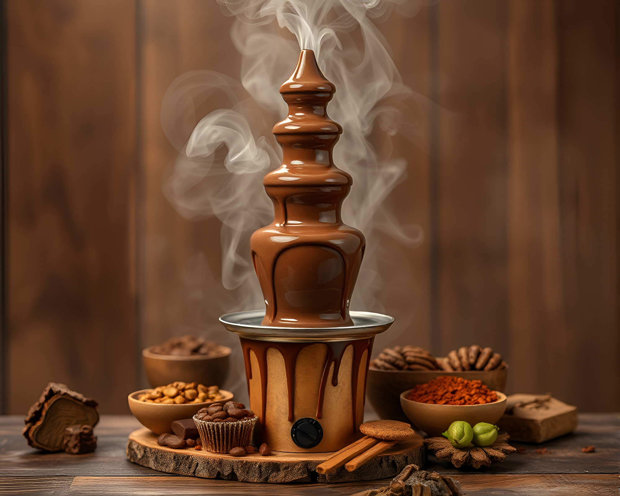 Chocolate Fountain Amidst Manga Wood Grains – free AI stock image