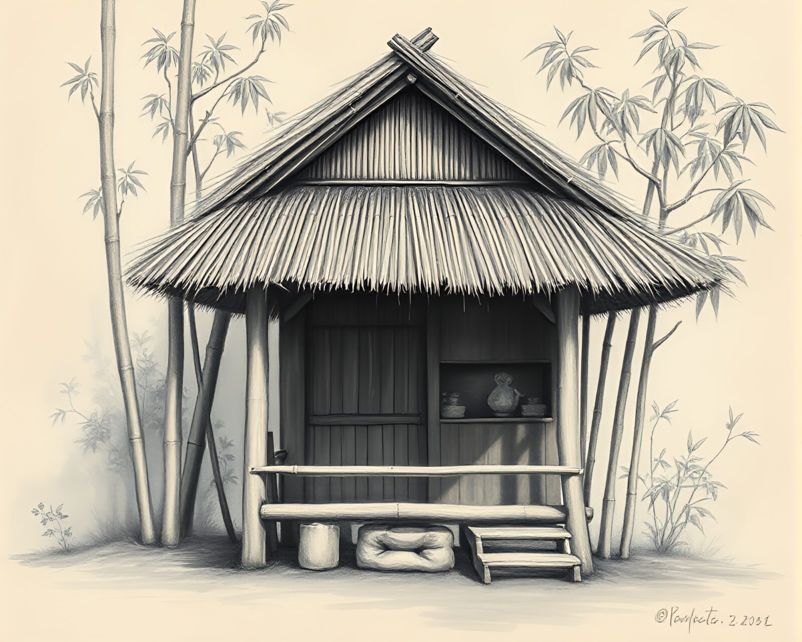 Soothing image of artistic bamboo hut in chalk style