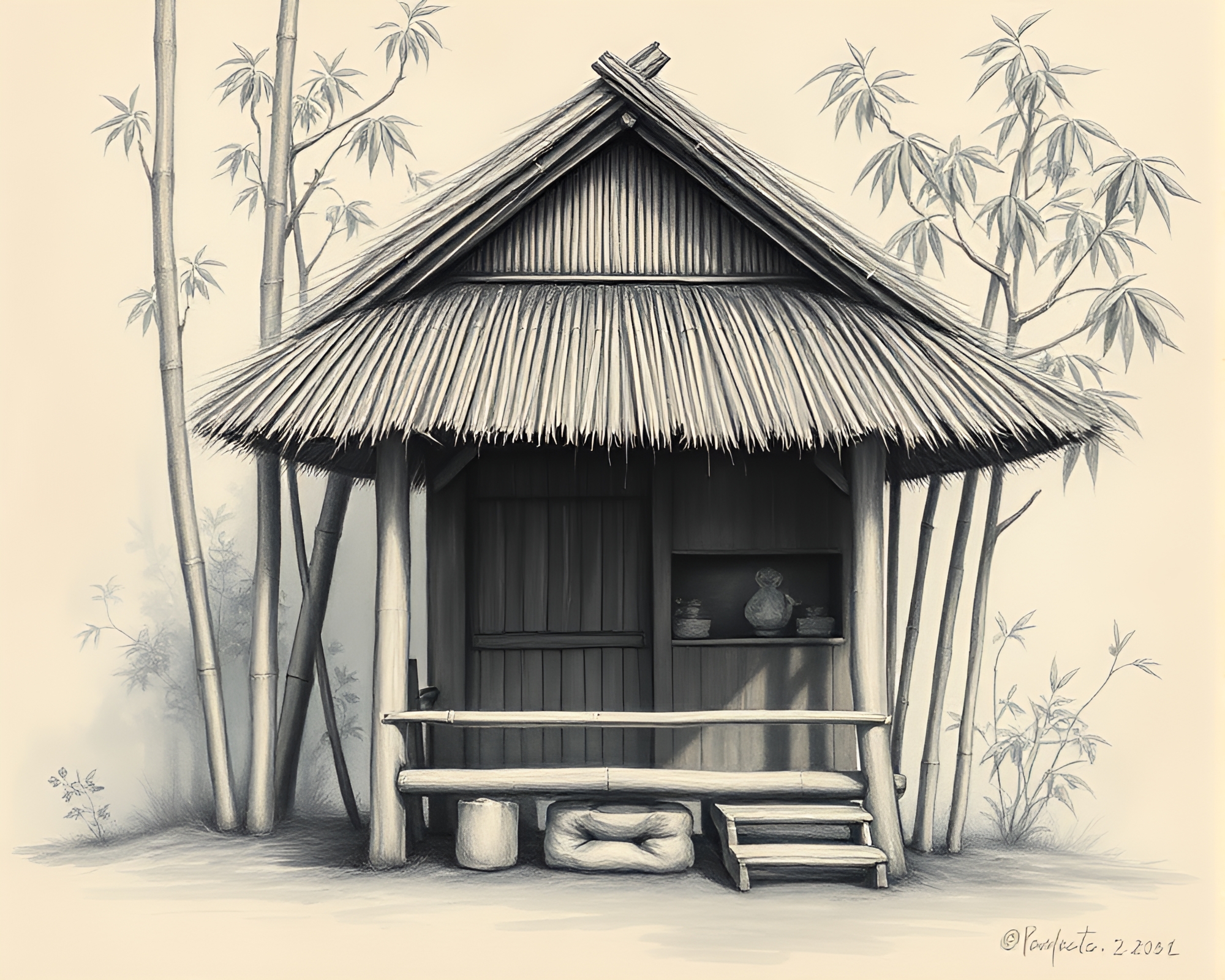 Serenity in Asymmetrical Bamboo Hut Chalk Drawing – free AI stock image