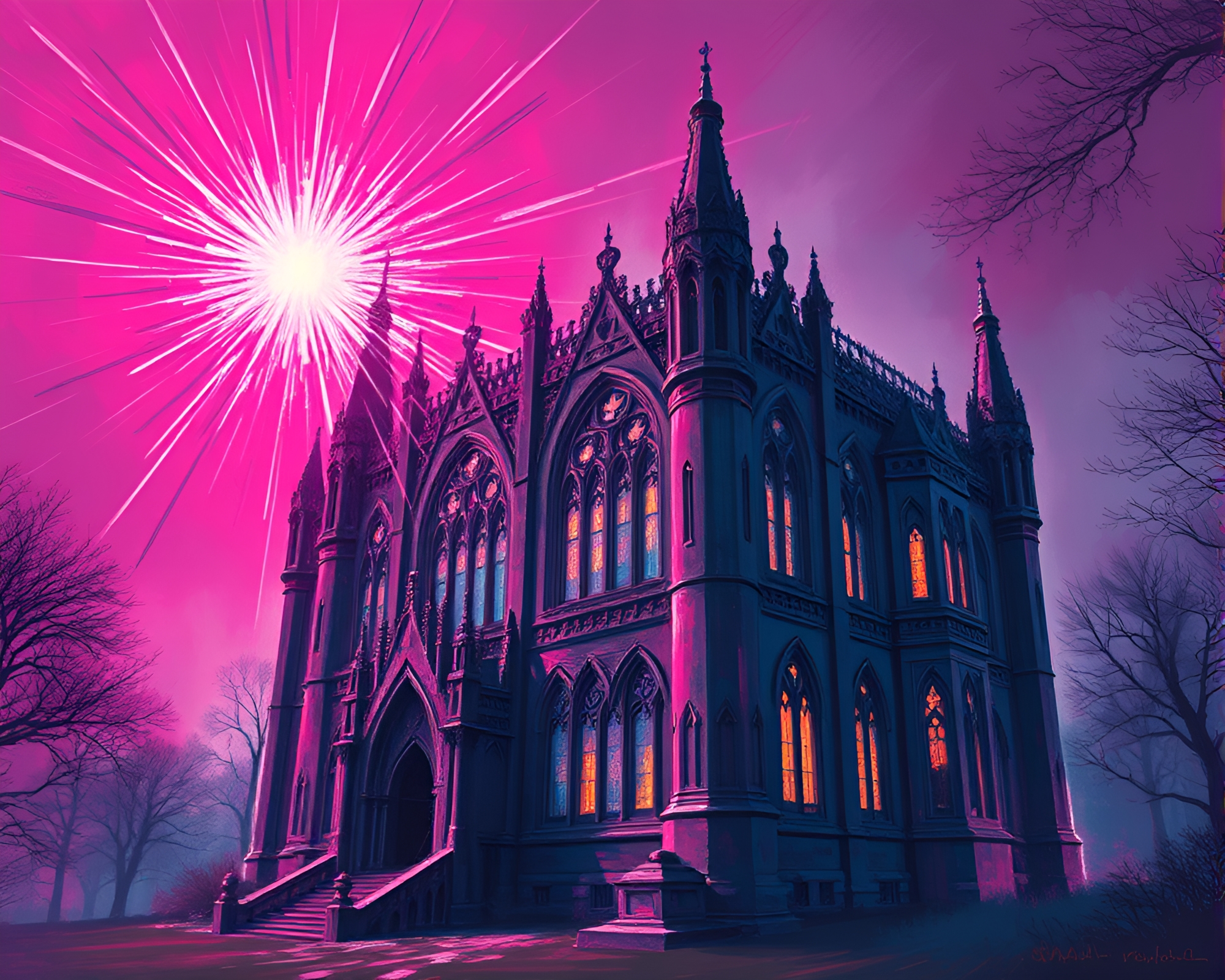 Neo-Gothic Mansion Zoom Burst Magenta Light Painting – free AI stock image