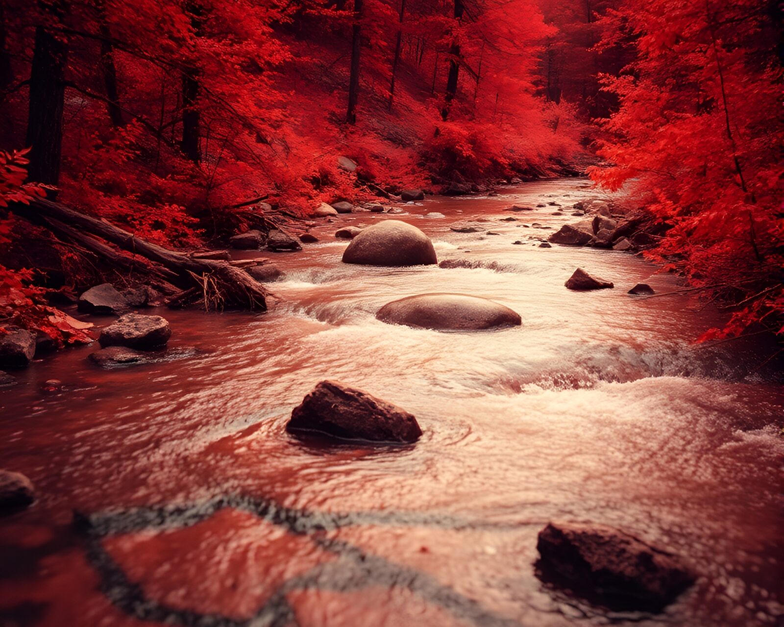 Intense close-up of a savage river in infrared hues