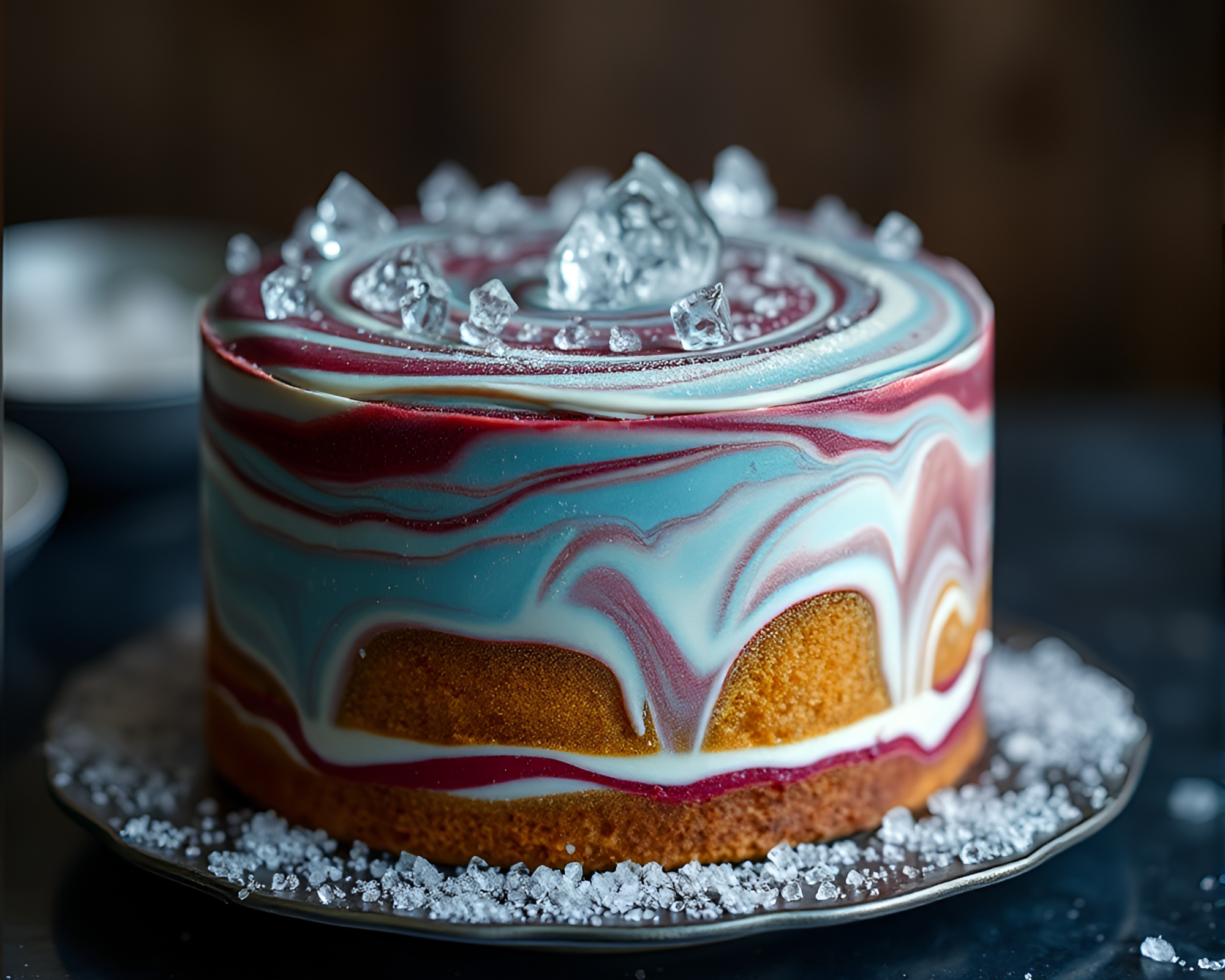 Mesmerizing Marbled Cake with Ice Crystal Glaze – free AI stock image