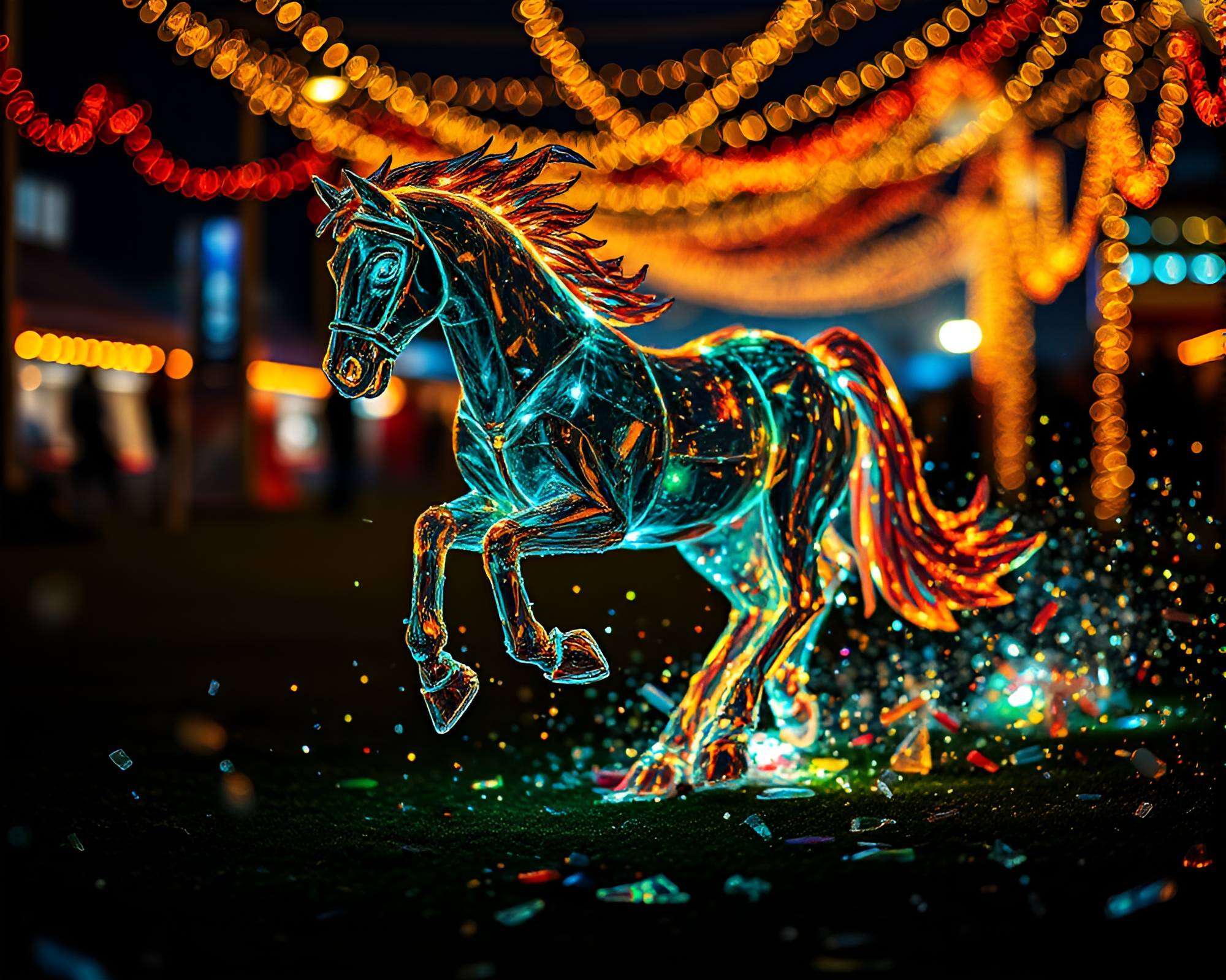 Dynamic Wild Stallion Amid Glass Shard Carnival Lights – free AI stock image