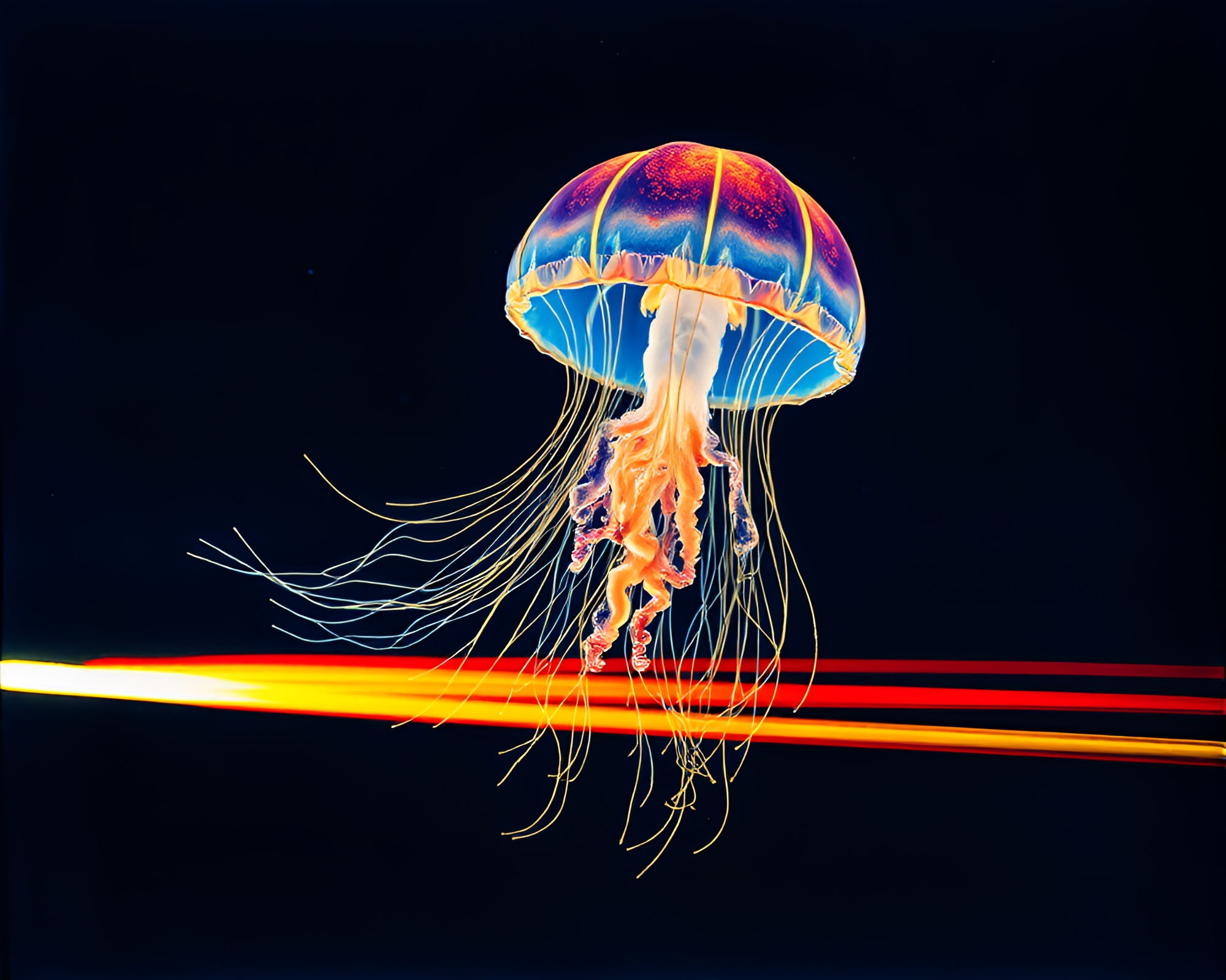 Bioluminescent Jellyfish Car Light Trails Split Toning Egg Tempera – free AI stock image