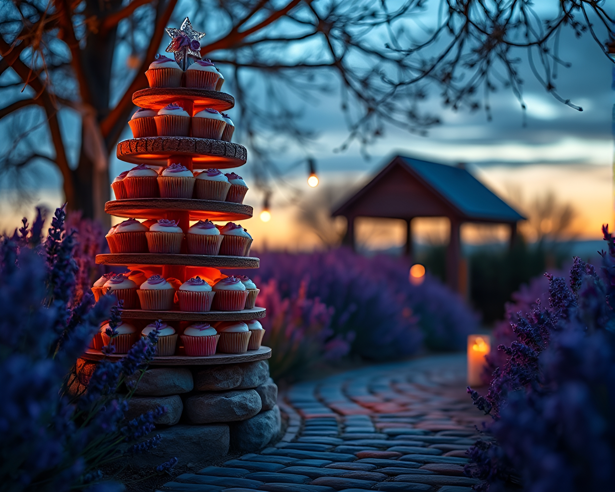 Cobblestone Path Cupcake Tower at Lavender Twilight – free AI stock image