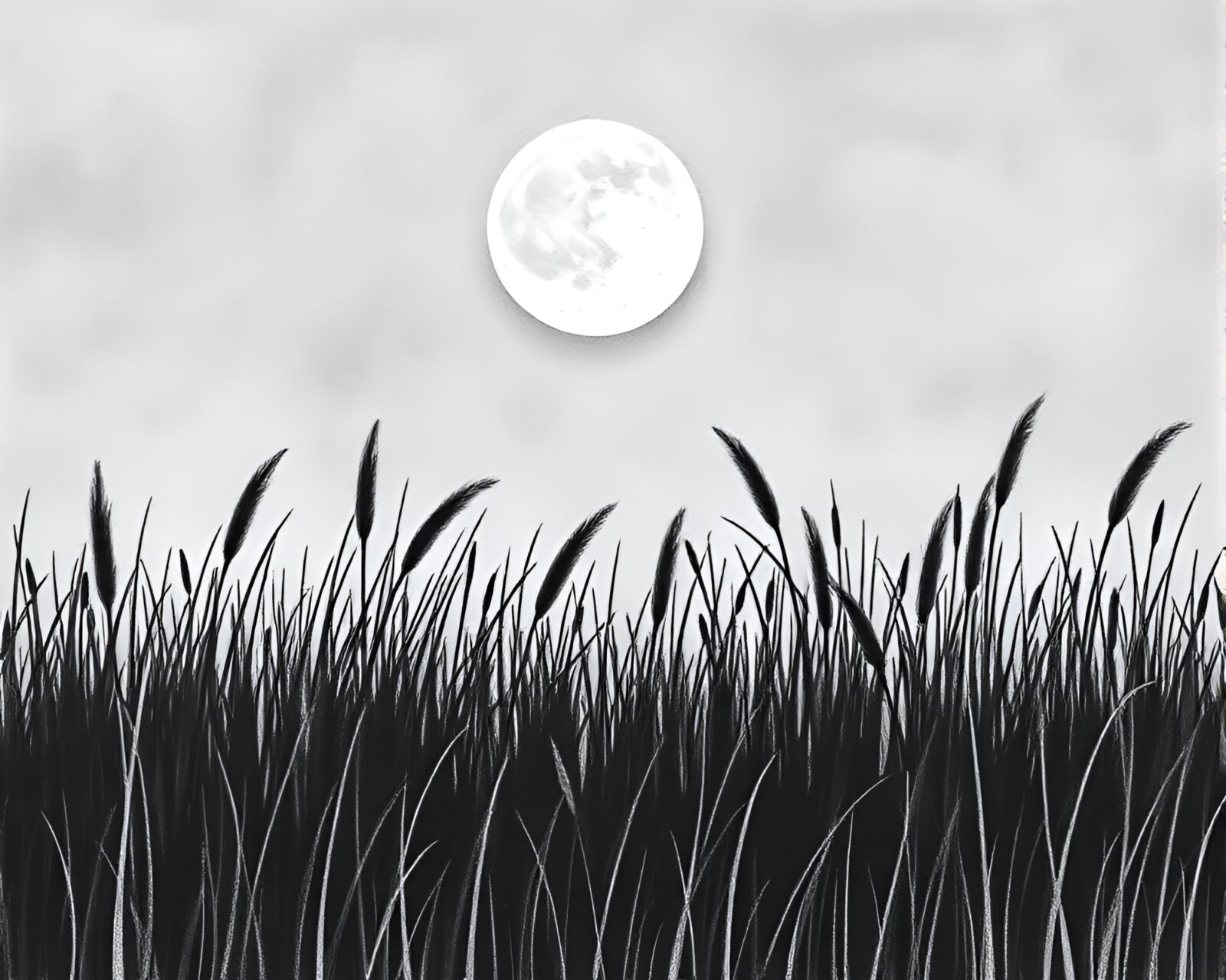 A grayscale conté crayon drawing of a savannah grass landscape under a moonlit sky with stencil shadows