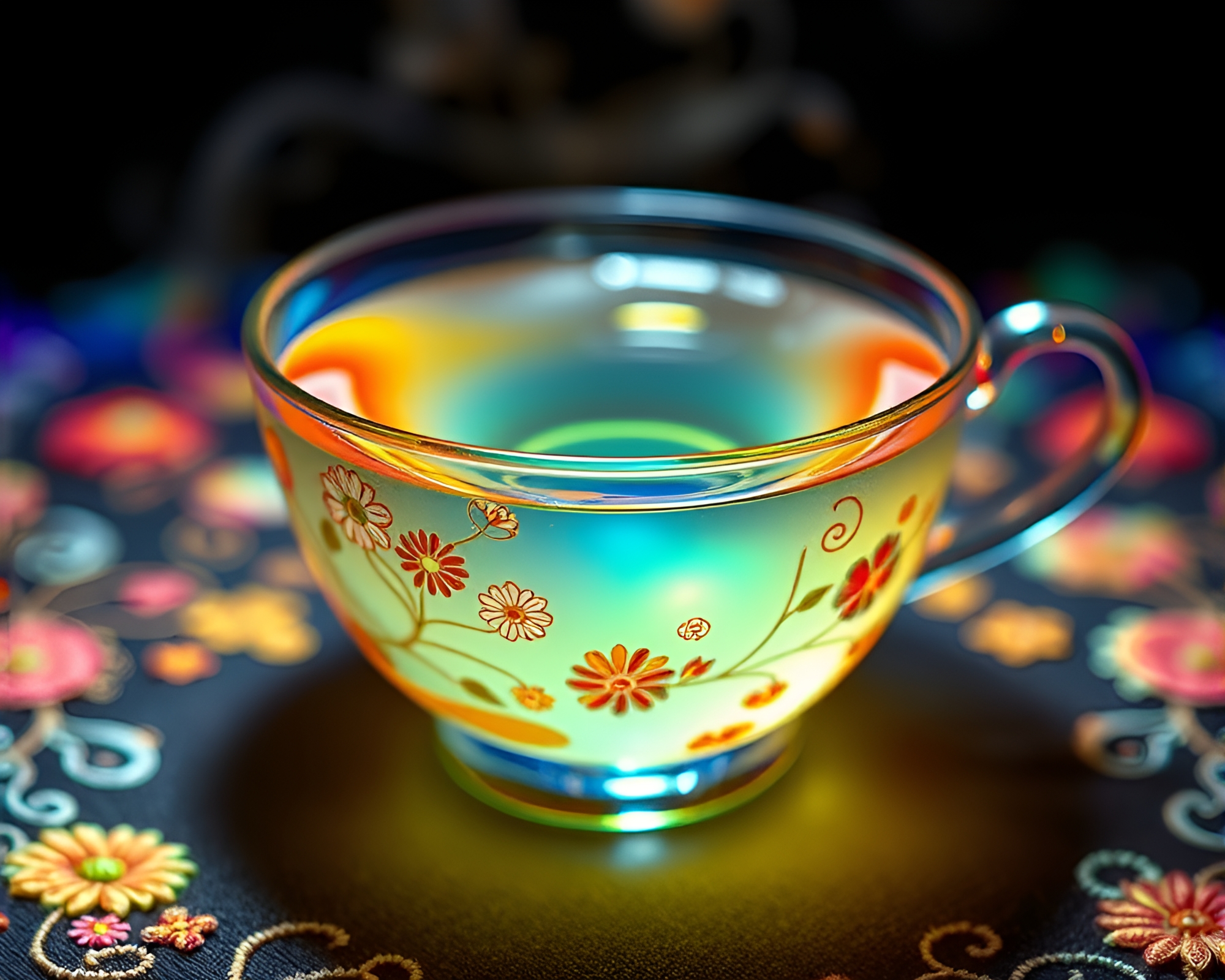 Floating Teacup Embroidered in Thermal Imaging Colors – free AI stock image