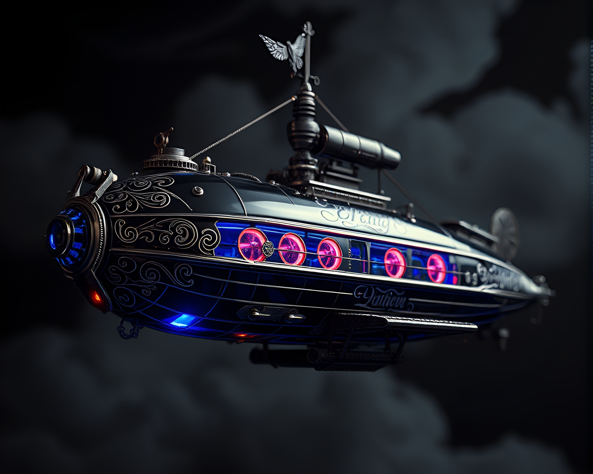 Steampunk Airship Engraved Details in Sapphire Tones – free AI stock image