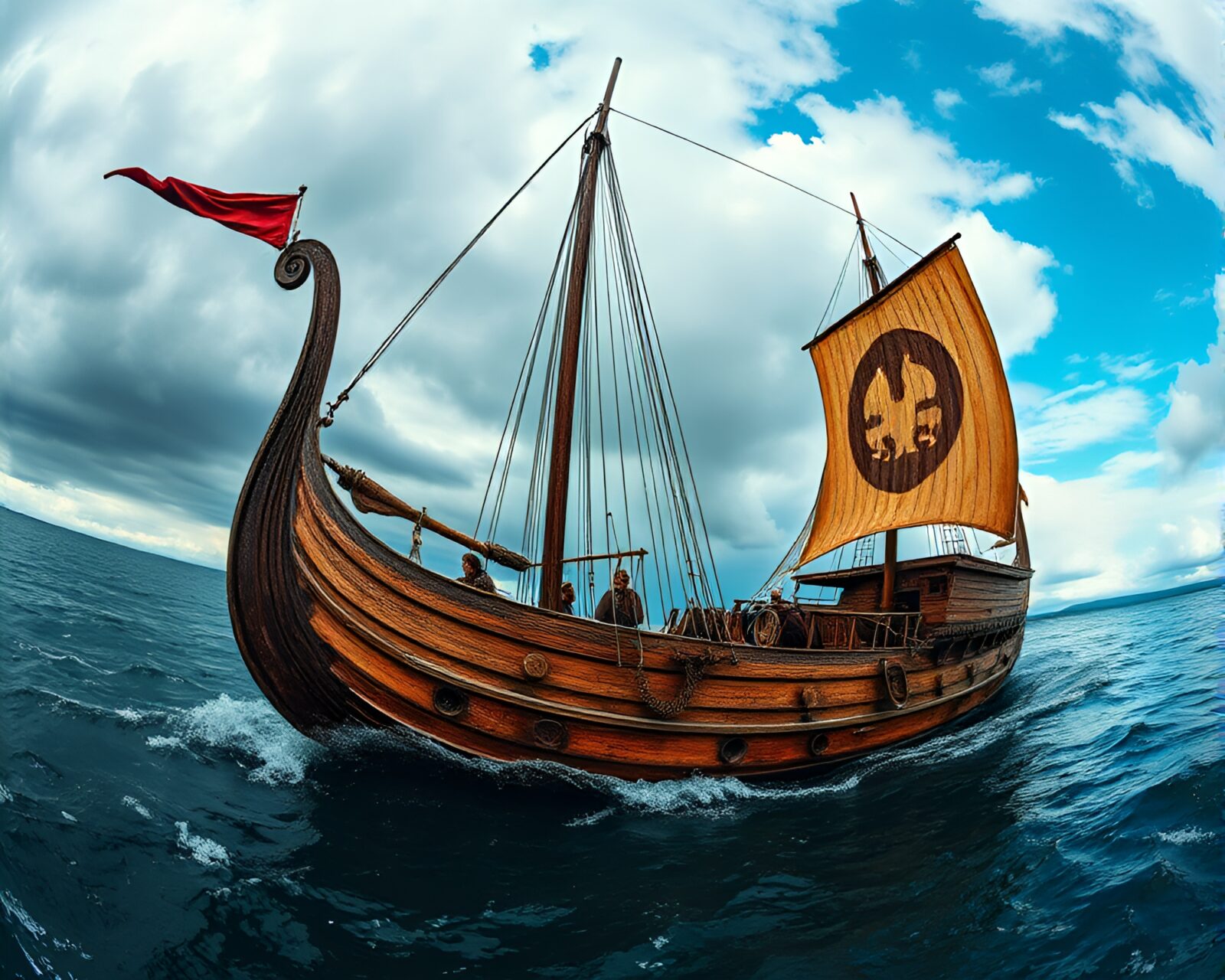 Viking longship in swirling oil textures and distorted perspective