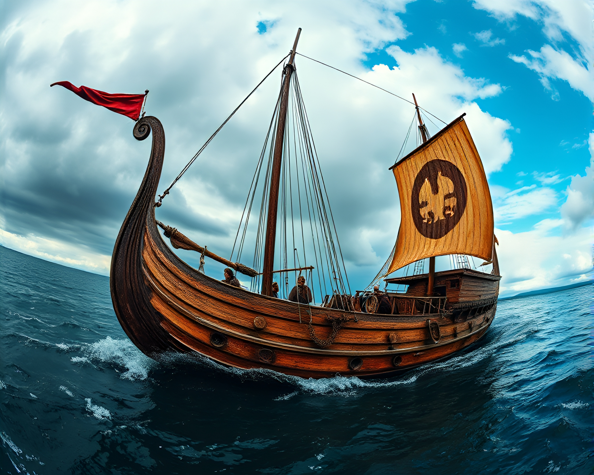 Mythical Viking longship in fisheye collage art – free AI stock image