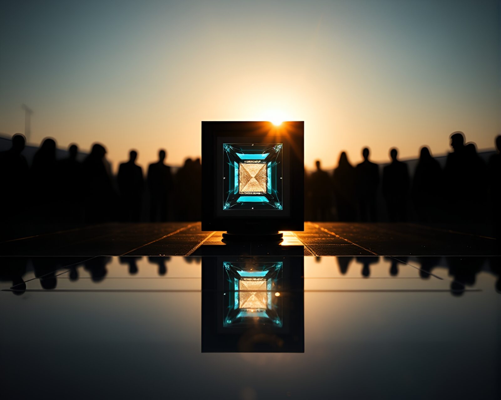 Mystical natural light reflects quantum device silhouette in topaz hues