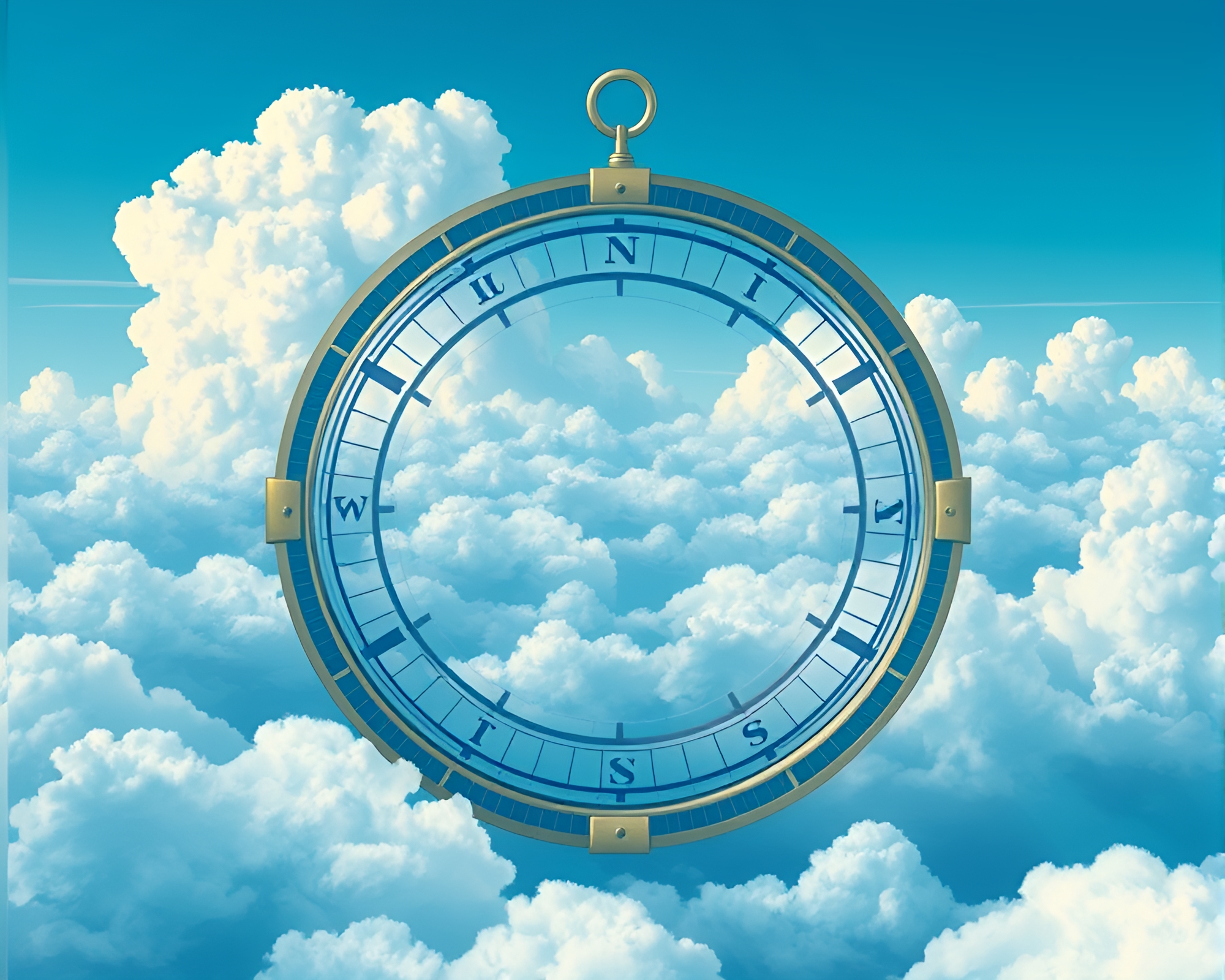 Futuristic Compass Amid Ocean-Blue Cloud Formations – free AI stock image