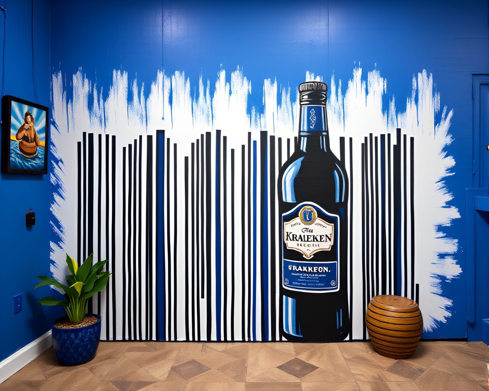 Dark mural of a giant kraken surrounded by barcode stripes
