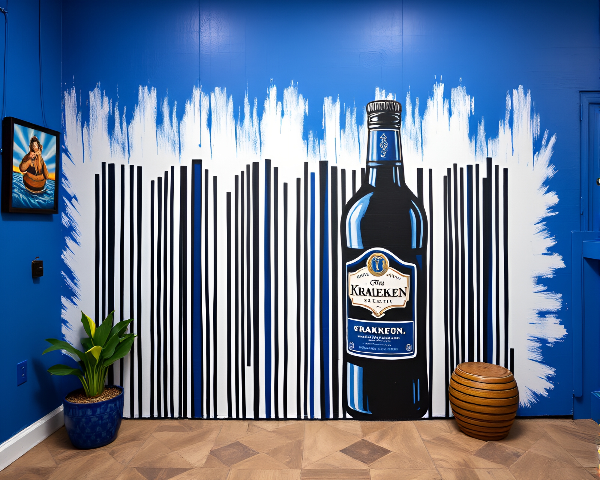 Barcode Kraken Unleashed in Cobalt Blue Mural – free AI stock image