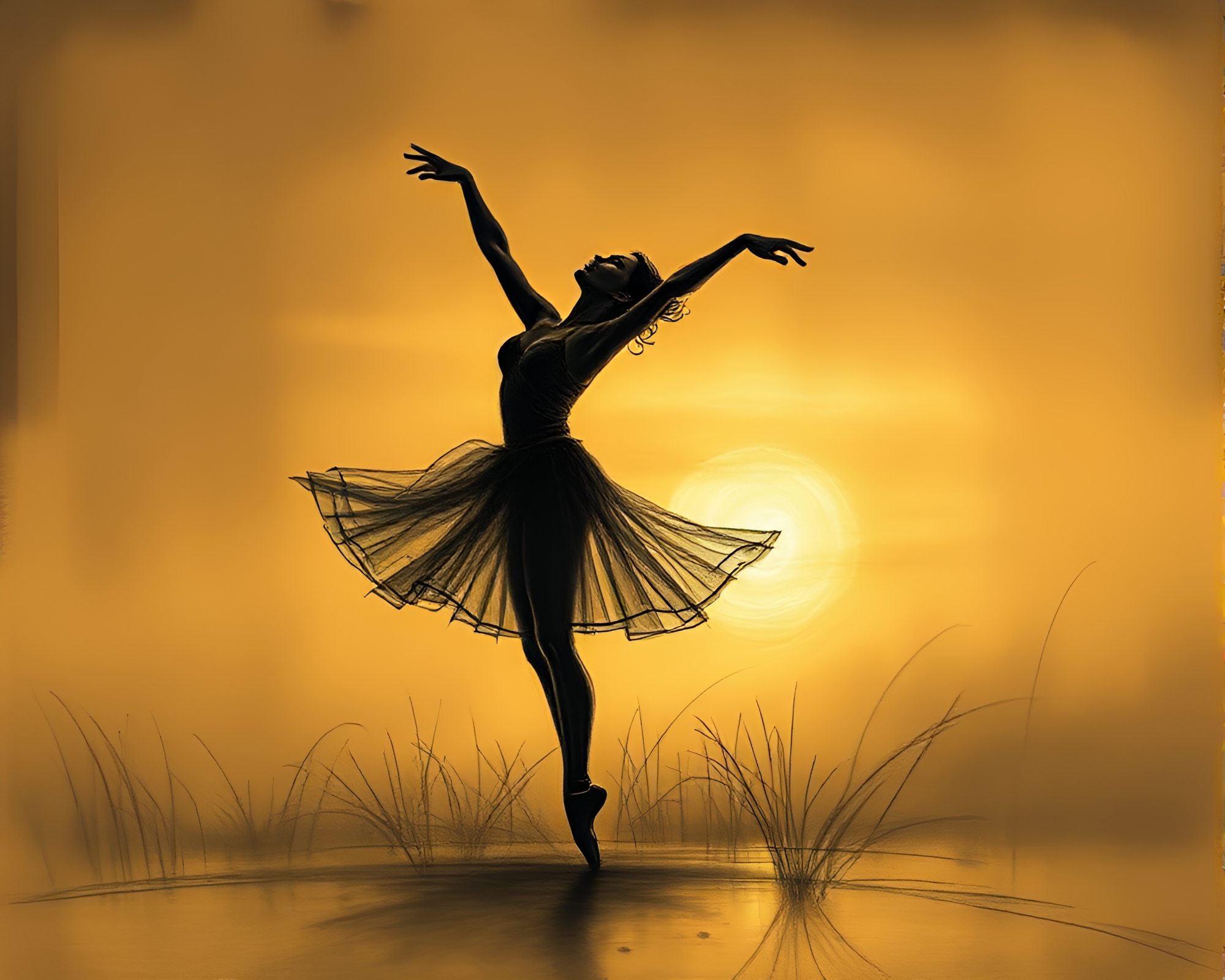 Ethereal Ballet Dancer in Charcoal Sketch at Golden Hour – free AI stock image
