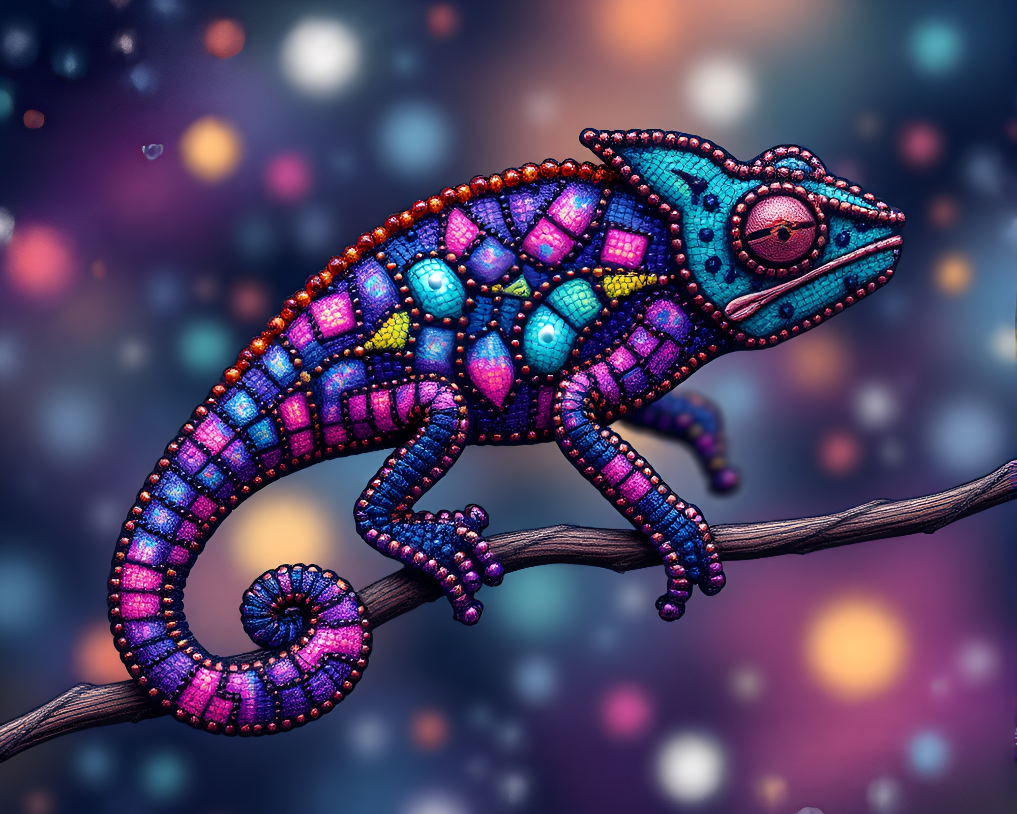 Chameleon Beadwork Galaxy Blueprint Art – free AI stock image